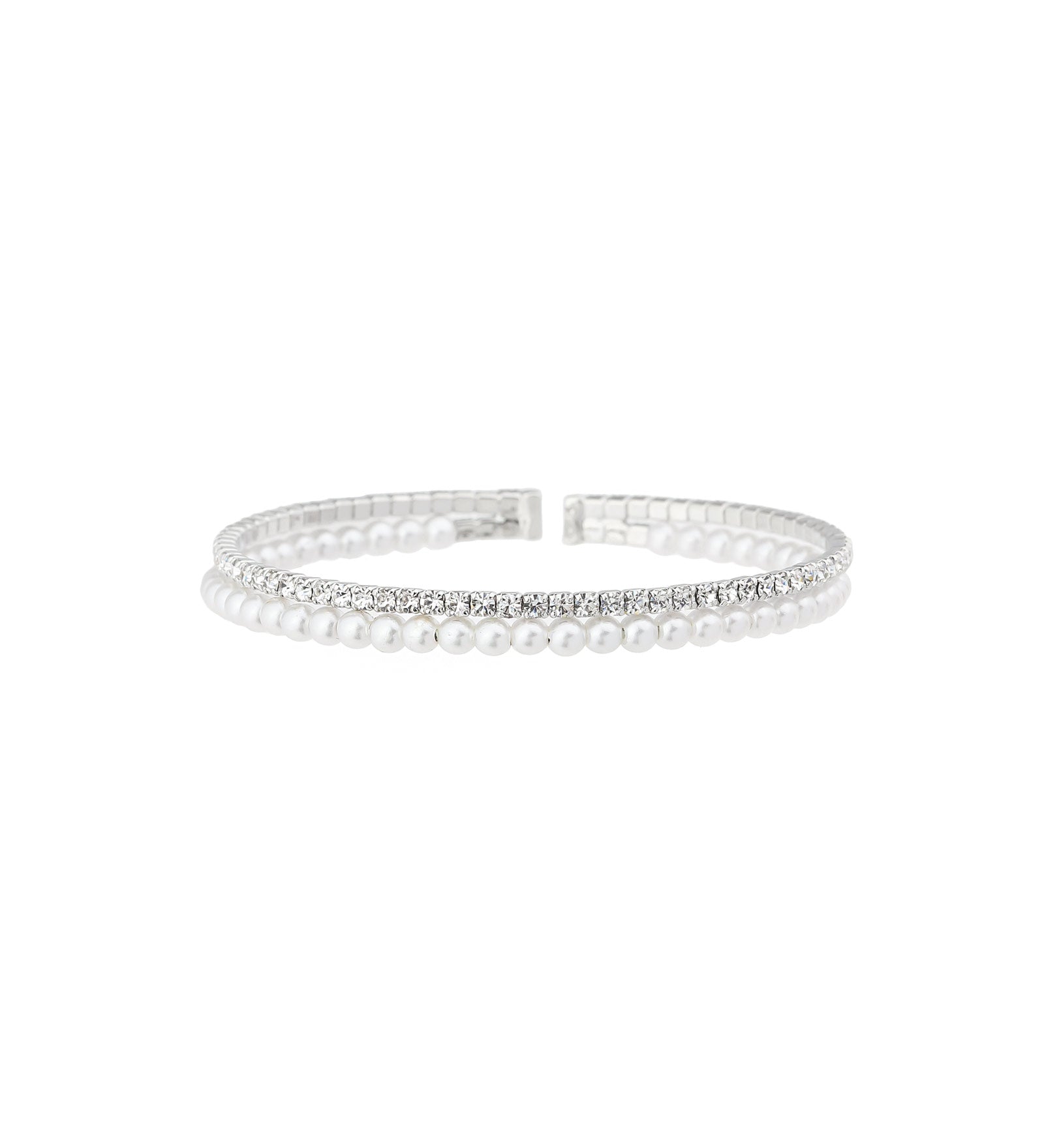 2 Row Crystal Pearl Cuff Silver Tone, White Crystal