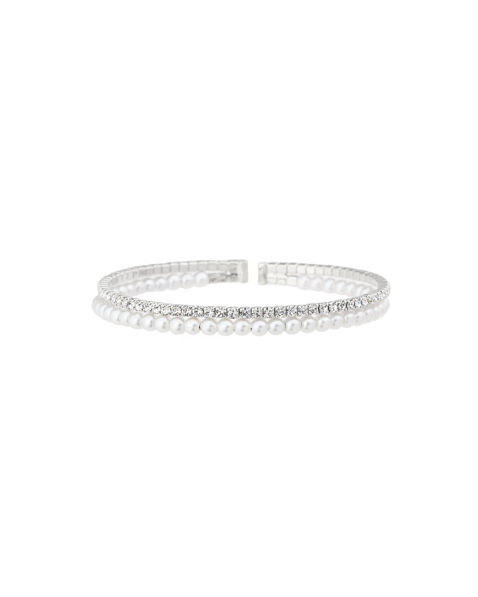 2 Row Crystal Pearl Cuff Silver Tone, White Crystal