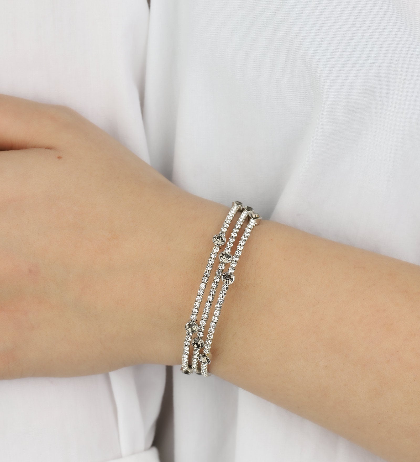 3 Wrap Crystal Bracelet Silver Tone, White Crystal