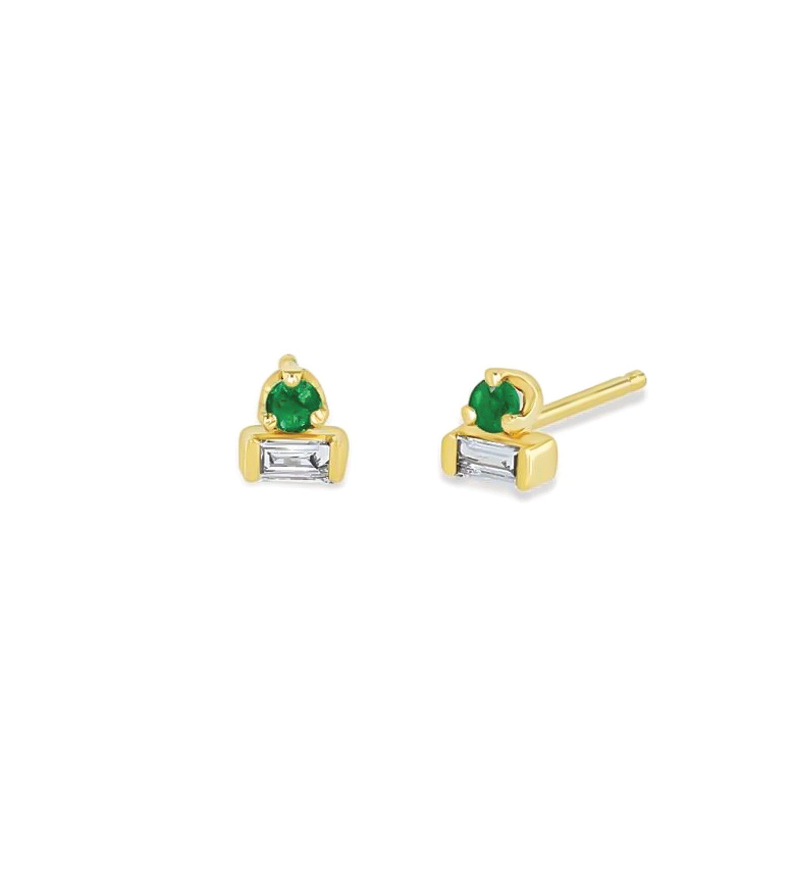 Emerald + Diamond Baguette Studs 14k Yellow Gold, Diamond