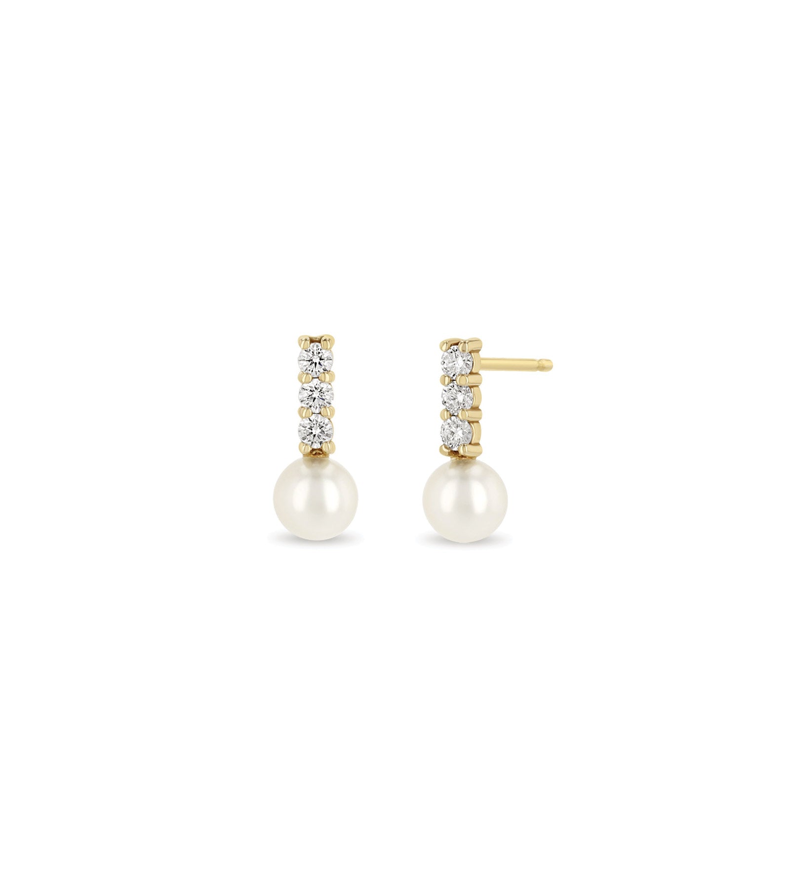 Diamond Bar + Pearl Drop Studs 14k Yellow Gold, Diamond