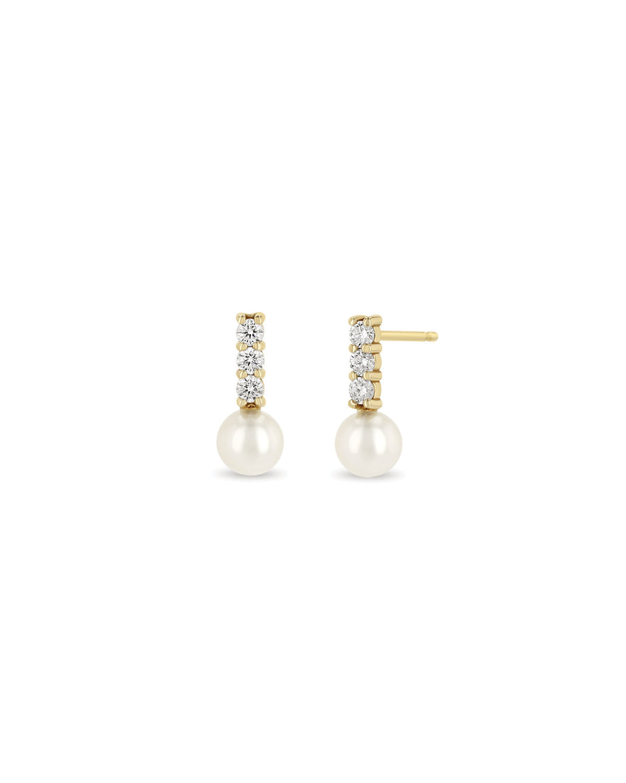 Diamond Bar + Pearl Drop Studs 14k Yellow Gold, Diamond