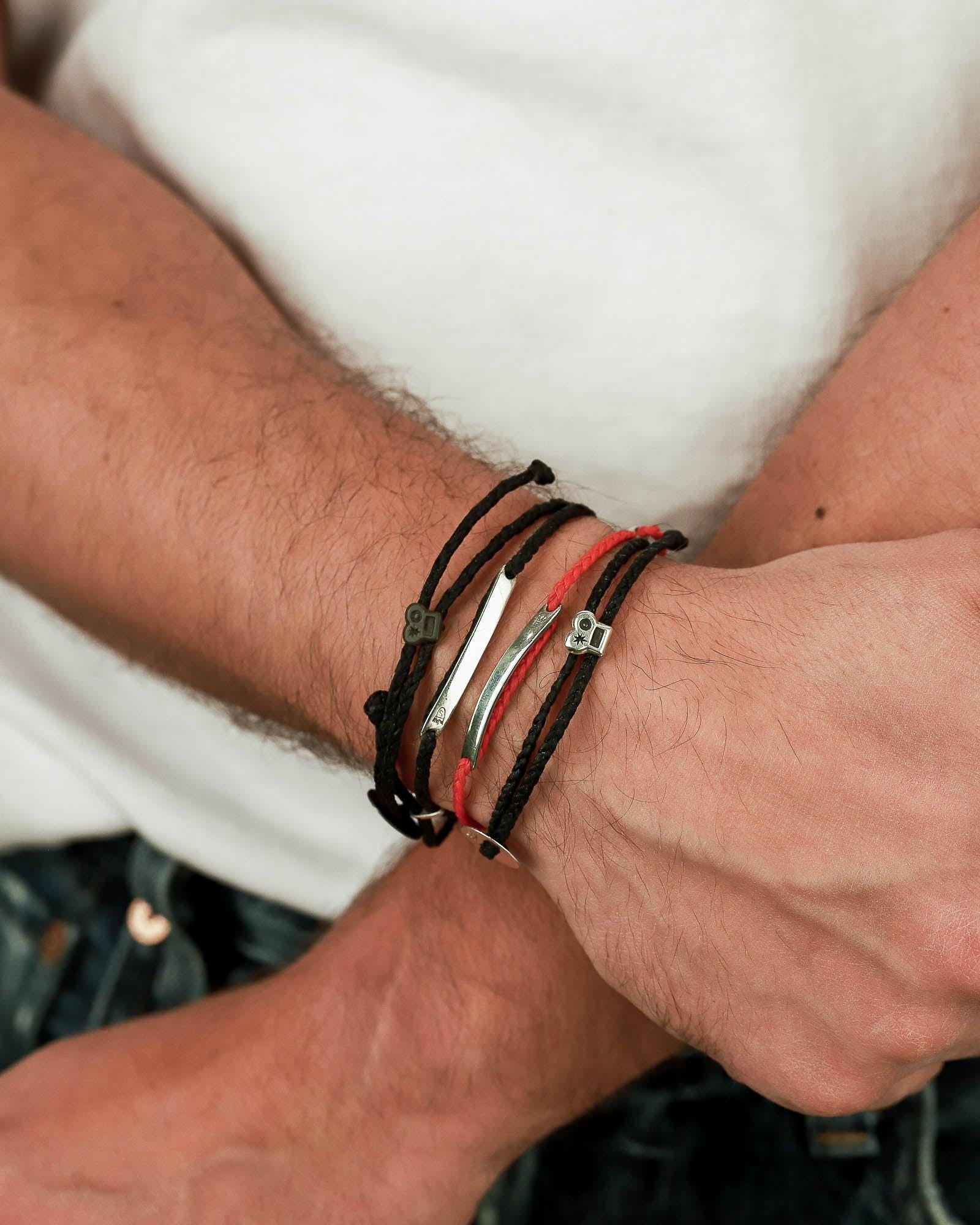 Braided Button Slider Bracelet-Men's-Scosha Men-Oxidized Sterling Silver, Black-Blue Ruby Jewellery-Vancouver-Canada