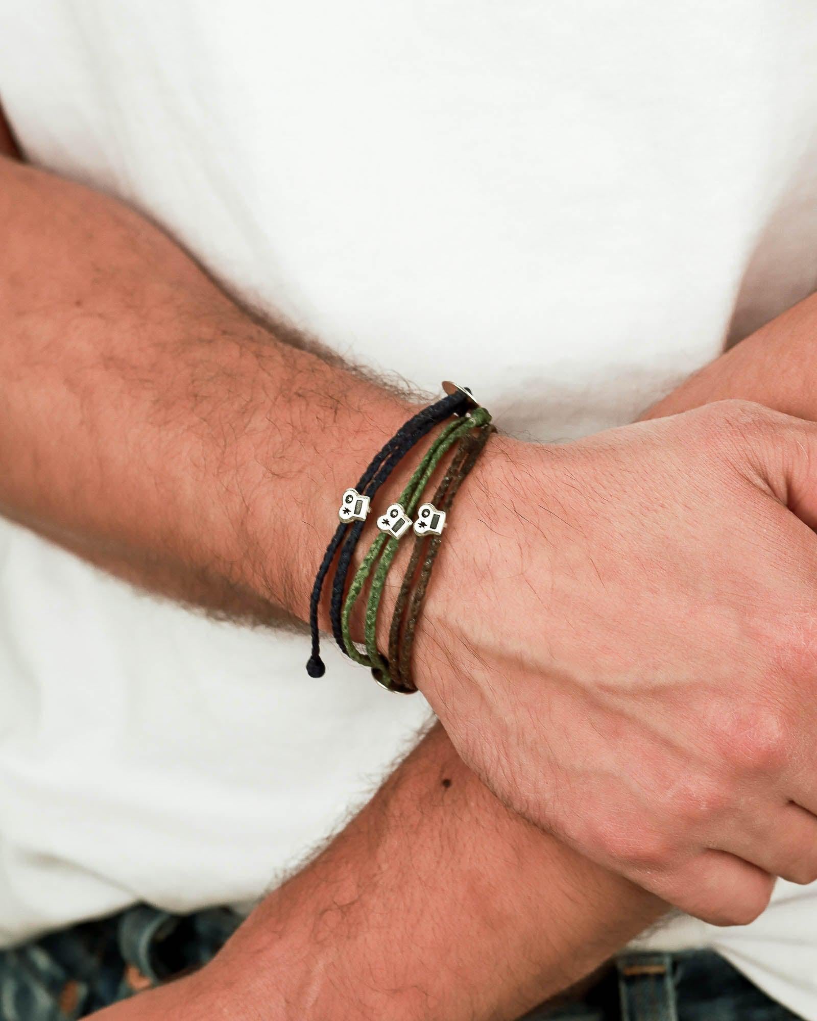 Braided Button Slider Bracelet-Men's-Scosha Men-Silver, Olive-Blue Ruby Jewellery-Vancouver-Canada