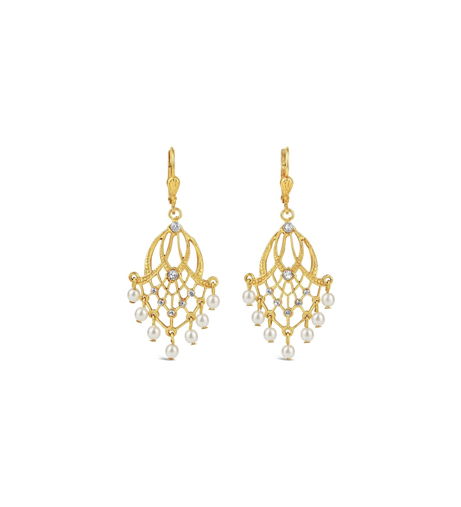 La Vie Parisienne-Cascade Crystal Hooks-Earrings-14k Gold Plated, White Pearl-Blue Ruby Jewellery-Vancouver Canada