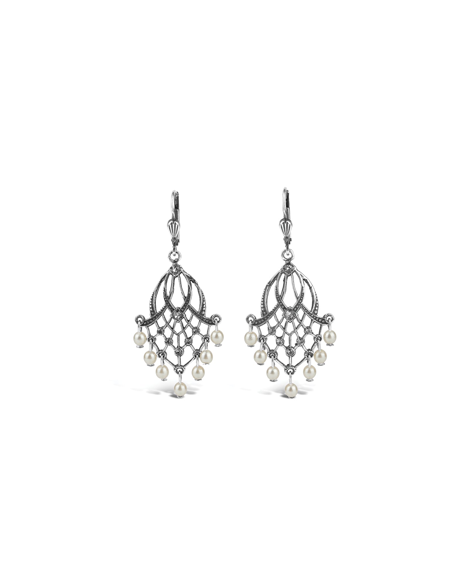 La Vie Parisienne-Cascade Crystal Hooks-Earrings-Sterling Silver Plated, White Pearl-Blue Ruby Jewellery-Vancouver Canada