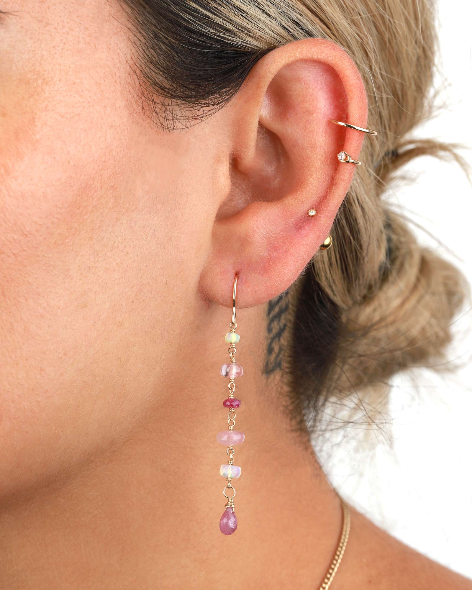 Poppy Rose-Cindy Hooks-Earrings-14k Gold-fill, Pink Sapphire, Pink Tourmaline-Blue Ruby Jewellery-Vancouver Canada