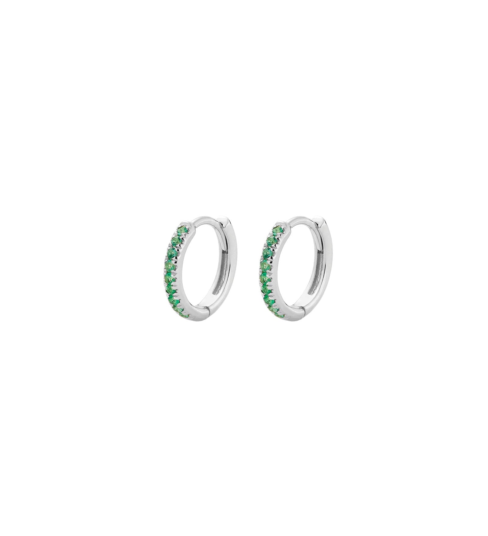 Quiet Icon-Cz Huggies | 12mm-Earrings-Rhodium Plated Sterling Silver, Green Cubic Zirconia-Blue Ruby Jewellery-Vancouver Canada