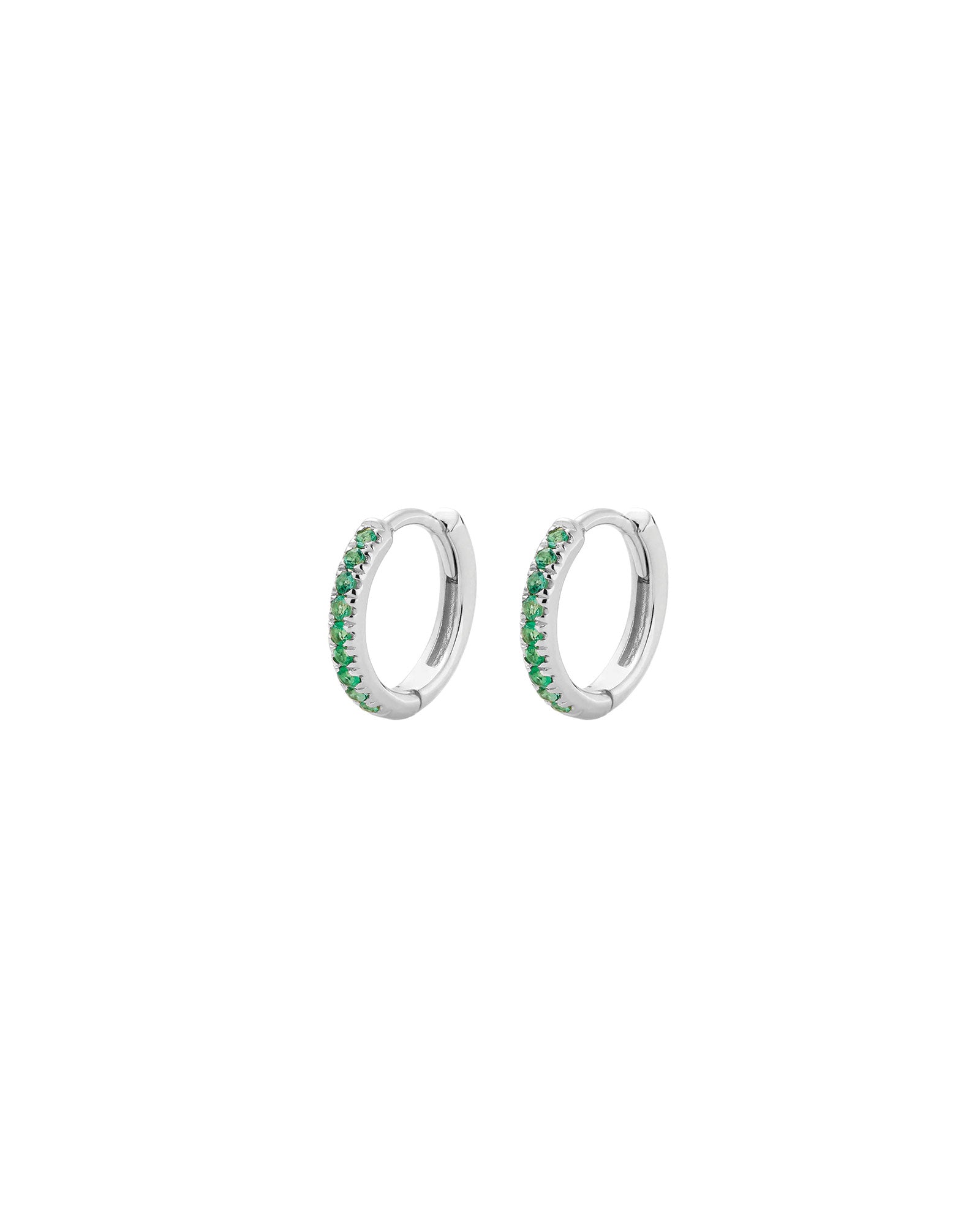 Quiet Icon-Cz Huggies | 12mm-Earrings-Rhodium Plated Sterling Silver, Green Cubic Zirconia-Blue Ruby Jewellery-Vancouver Canada