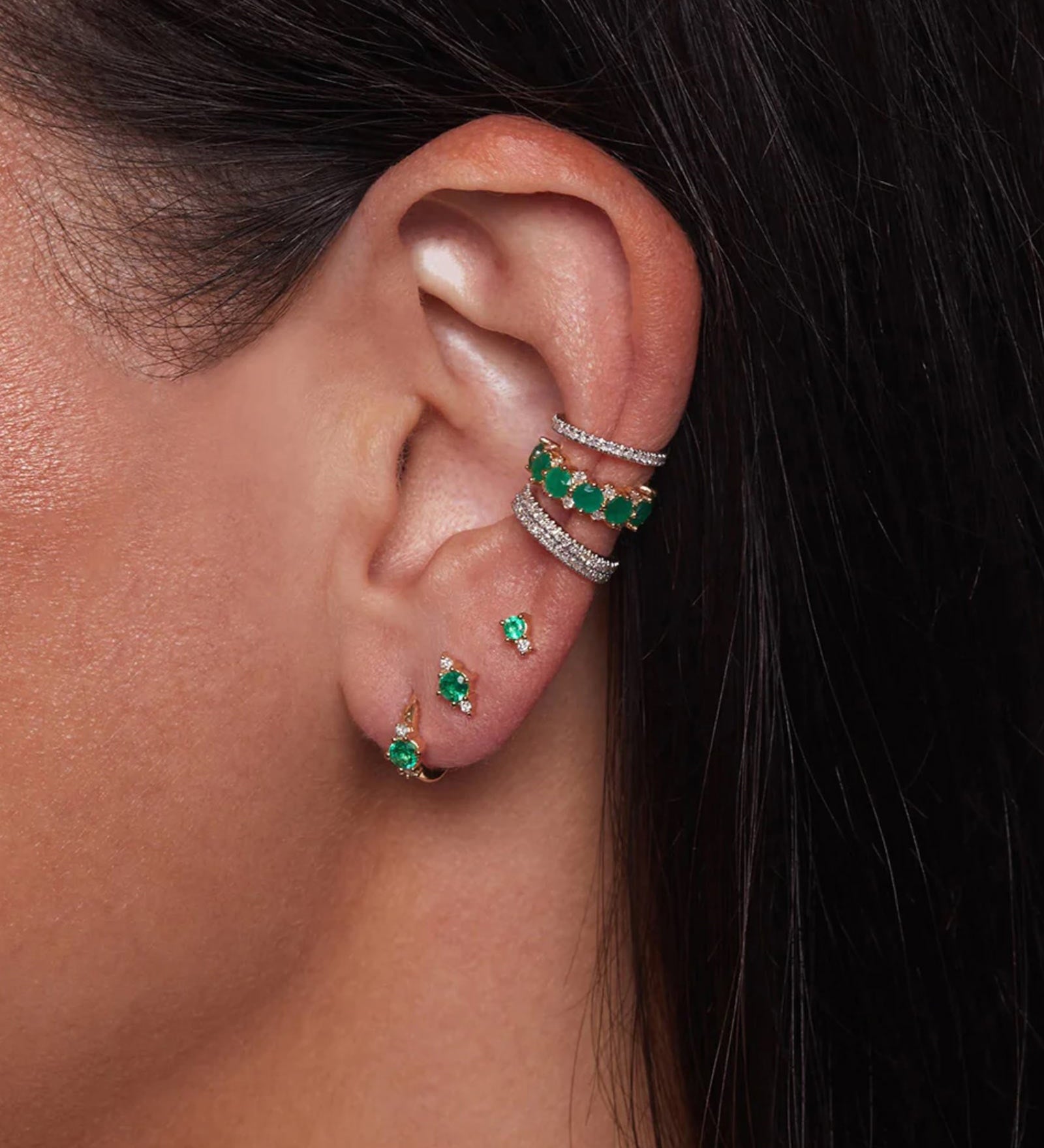 Adina Reyter-Diamond + Emerald Trio Huggie Hoops-Earrings-14k Yellow Gold, Diamond-Blue Ruby Jewellery-Vancouver Canada