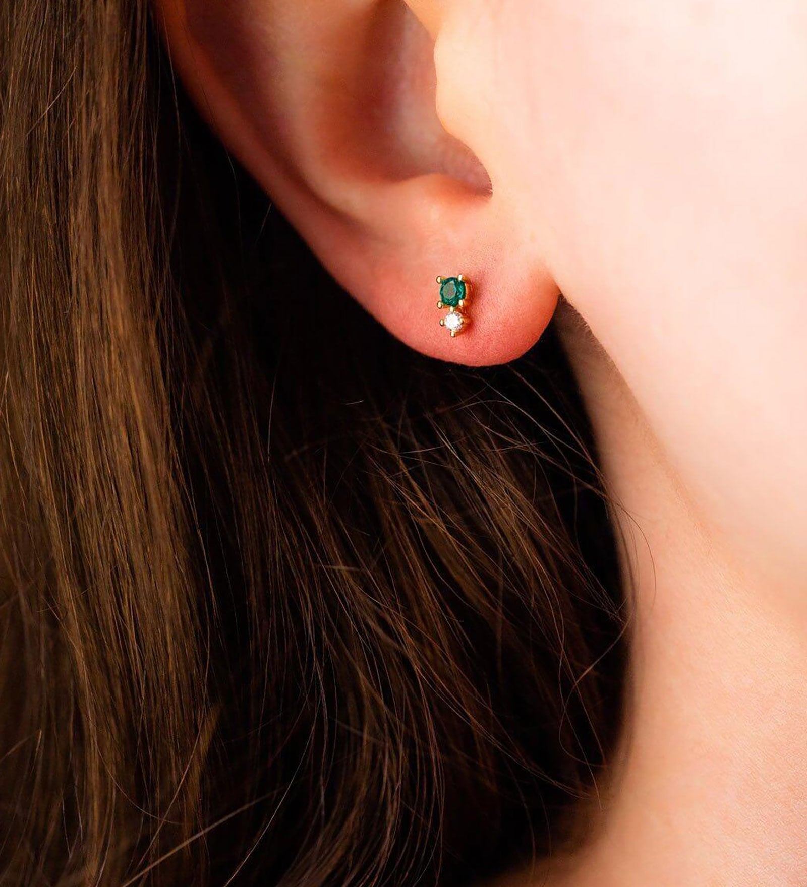 Quiet Icon-Double Emerald CZ Stud-Earrings-14k Gold Vermeil, Cubic Zirconia-Blue Ruby Jewellery-Vancouver Canada