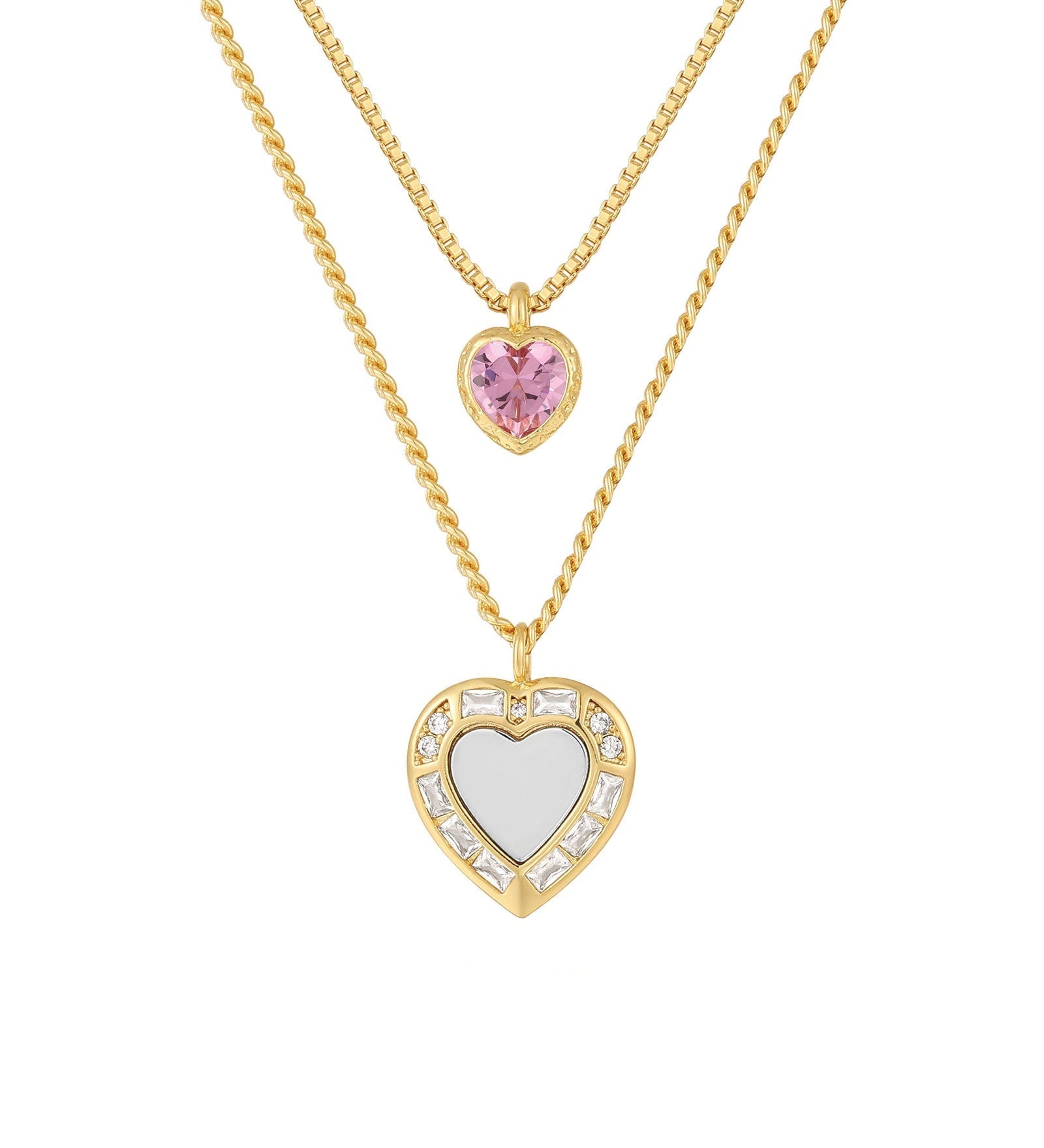 Luv AJ-Double Heart Charm Necklace-Necklaces-14k Gold Plated, Cubic Zirconia, Pink/Gold-Blue Ruby Jewellery-Vancouver Canada