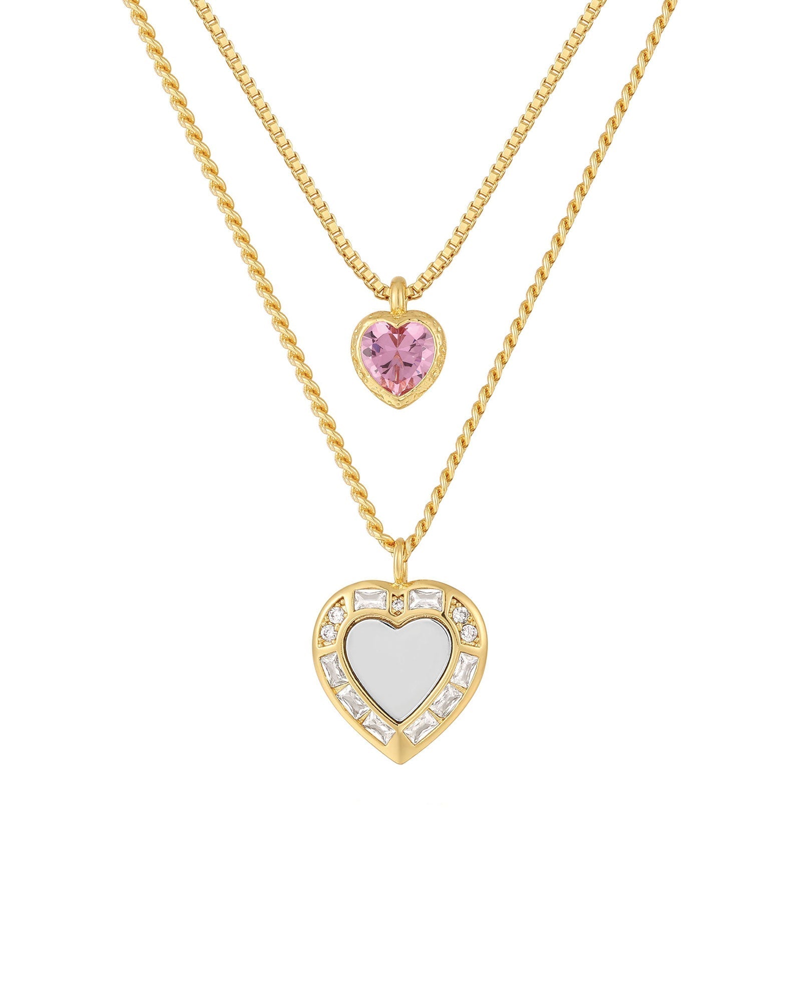 Luv AJ-Double Heart Charm Necklace-Necklaces-14k Gold Plated, Cubic Zirconia, Pink/Gold-Blue Ruby Jewellery-Vancouver Canada