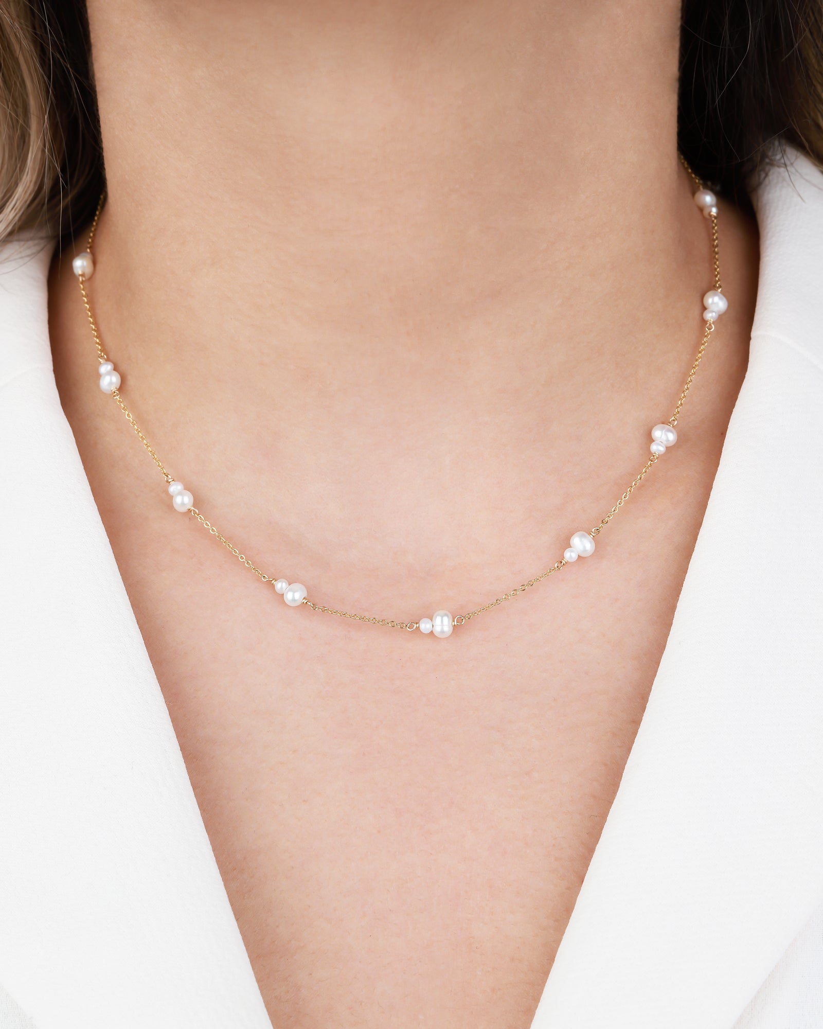 Poppy Rose-Double Pearl Station Necklace-Necklaces-14k Gold Filled, White Pearl-Blue Ruby Jewellery-Vancouver Canada