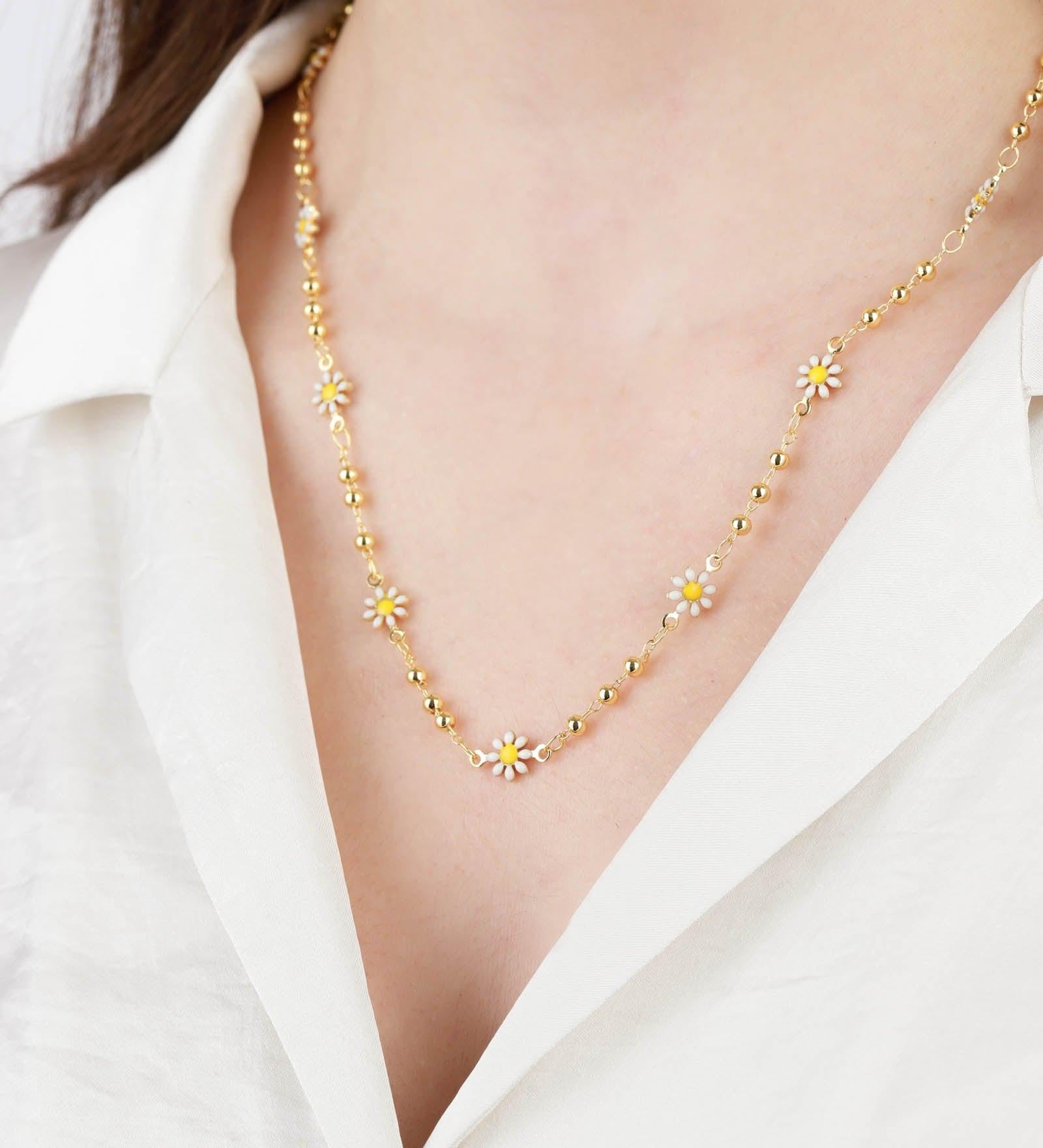 La Vie Parisienne-Enamel Daisy Ball Chain Necklace-Necklaces-14k Gold Plated, White Enamel, Yellow Enamel-Blue Ruby Jewellery-Vancouver Canada