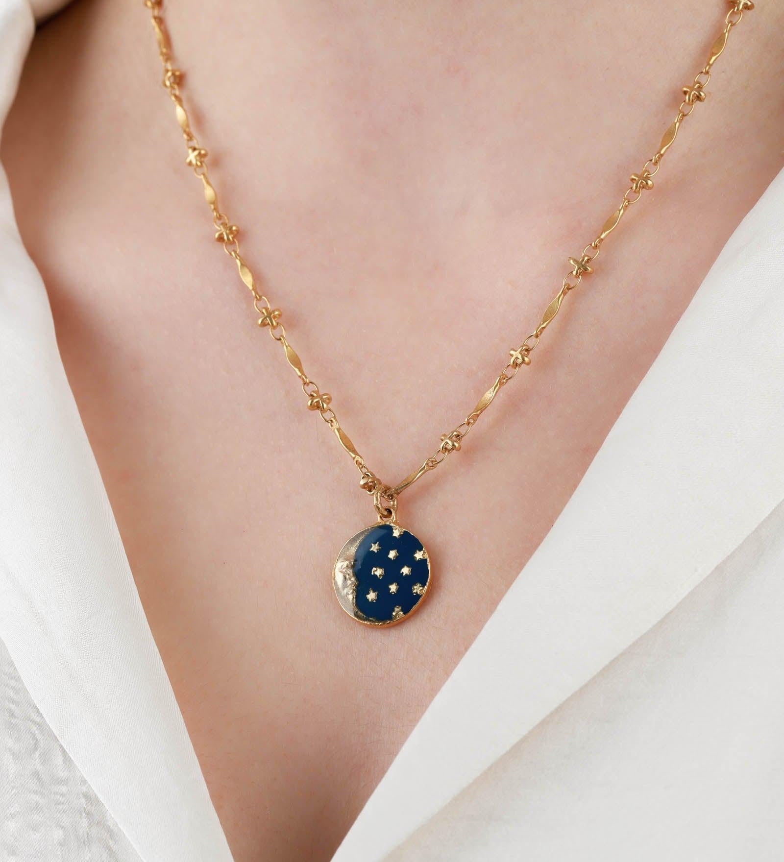 La Vie Parisienne-Enamel Moon Necklace-Necklaces-14k Gold Plated, Navy Enamel-Blue Ruby Jewellery-Vancouver Canada