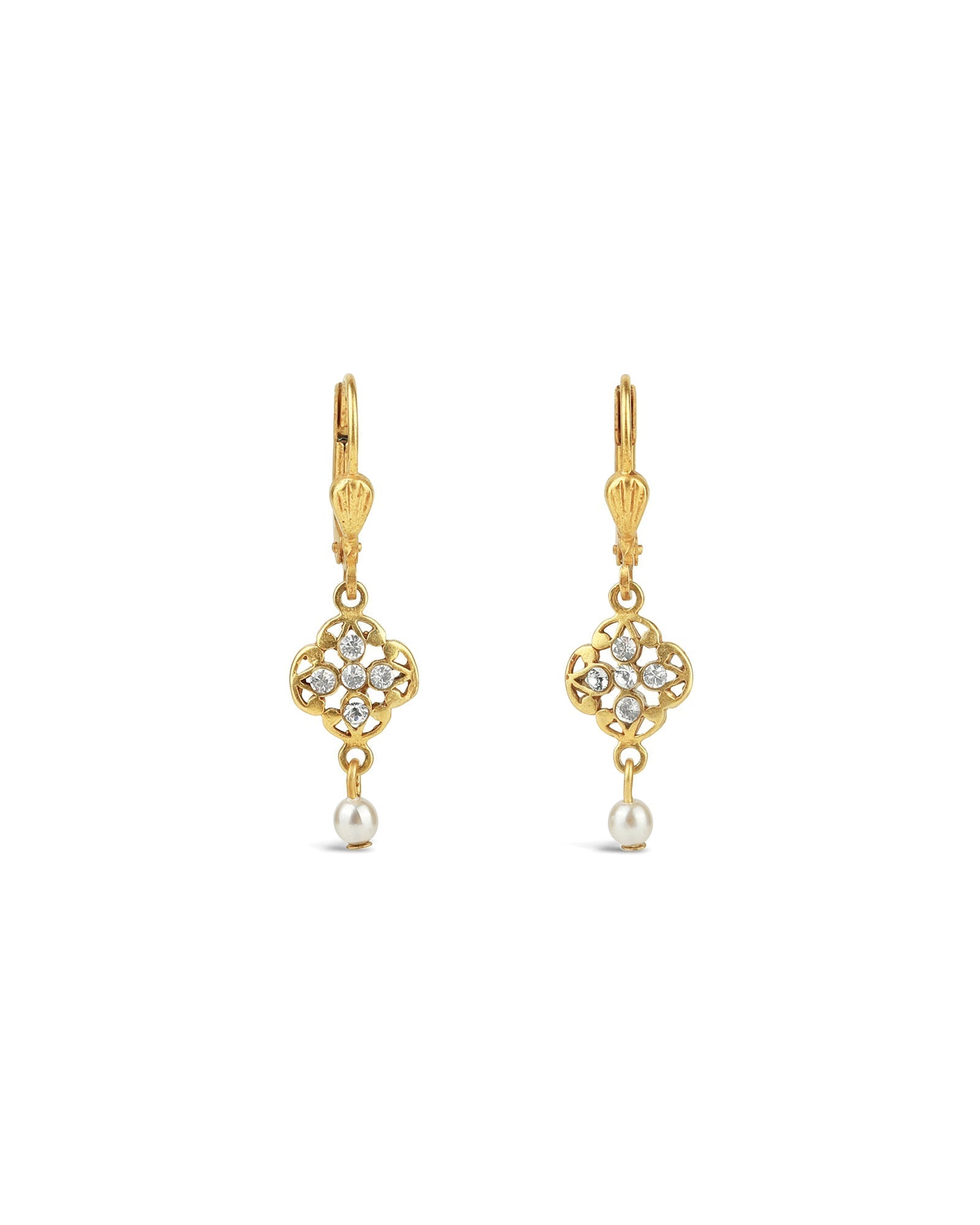 La Vie Parisienne-Filigree Pearl Drop Hooks-Earrings-14k Gold Plated, White Crystal, White Pearl-Blue Ruby Jewellery-Vancouver Canada