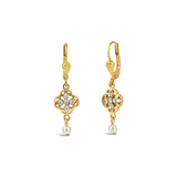 La Vie Parisienne-Filigree Pearl Drop Hooks-Earrings-14k Gold Plated, White Crystal, White Pearl-Blue Ruby Jewellery-Vancouver Canada