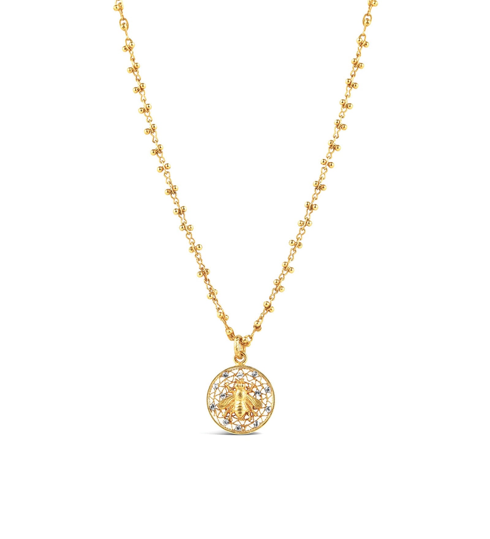 La Vie Parisienne-Filigree Round Bee Necklace-Necklaces-14k Gold Plated, Black Diamond Crystal-Blue Ruby Jewellery-Vancouver Canada