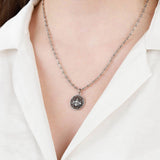 La Vie Parisienne-Filigree Round Bee Necklace-Necklaces-Sterling Silver Plated, Black Diamond Crystal-Blue Ruby Jewellery-Vancouver Canada