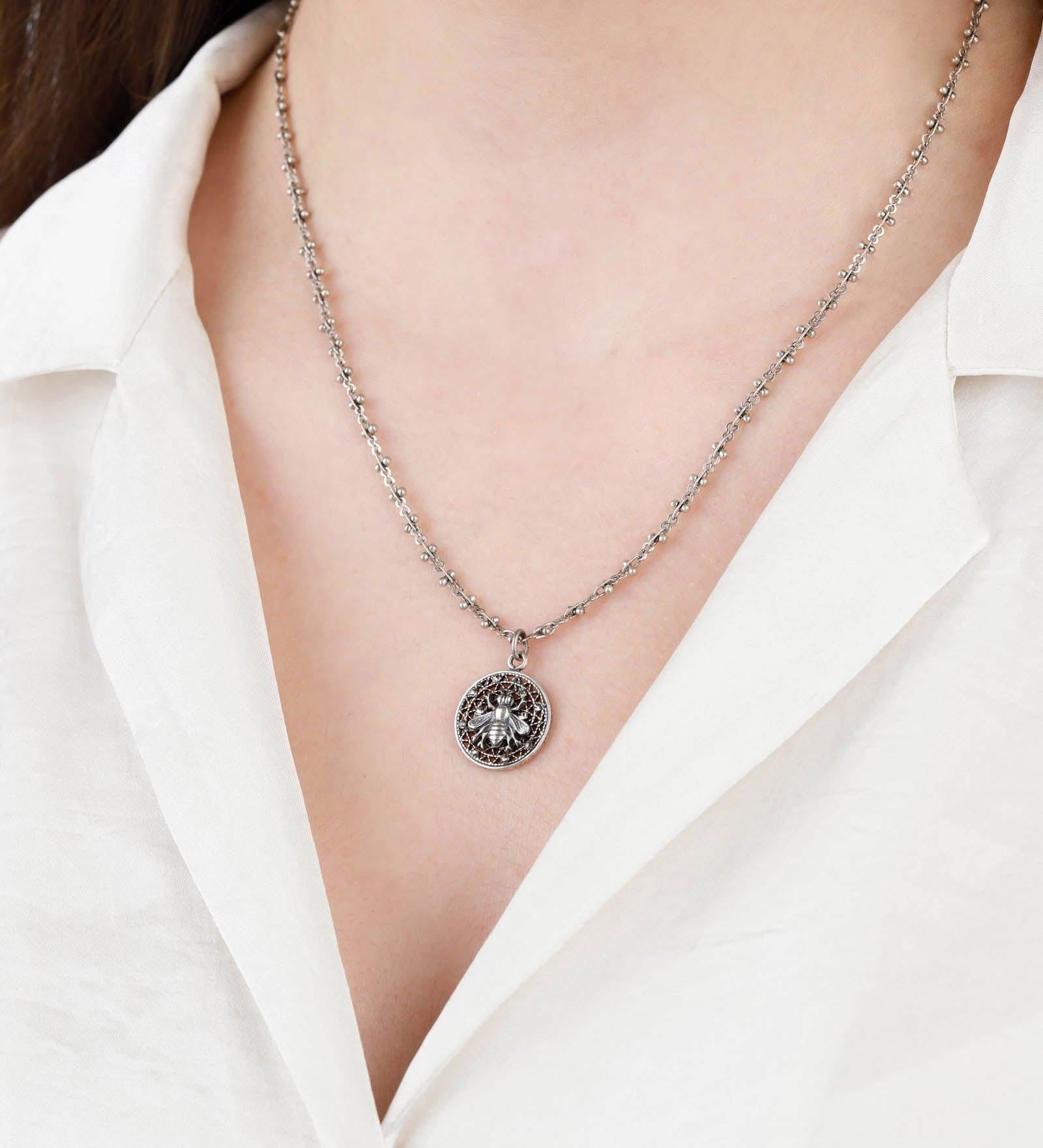 La Vie Parisienne-Filigree Round Bee Necklace-Necklaces-Sterling Silver Plated, Black Diamond Crystal-Blue Ruby Jewellery-Vancouver Canada