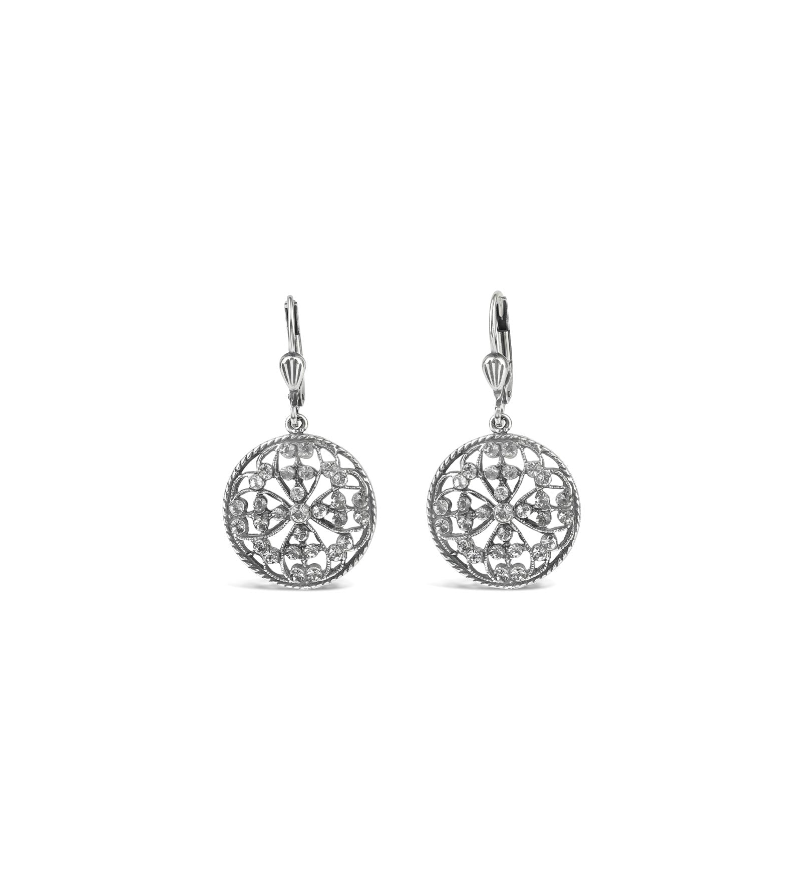 La Vie Parisienne-Filigree Round Hooks-Earrings-Sterling Silver Plated, White Crystal, Black Diamond Crystal-Blue Ruby Jewellery-Vancouver Canada