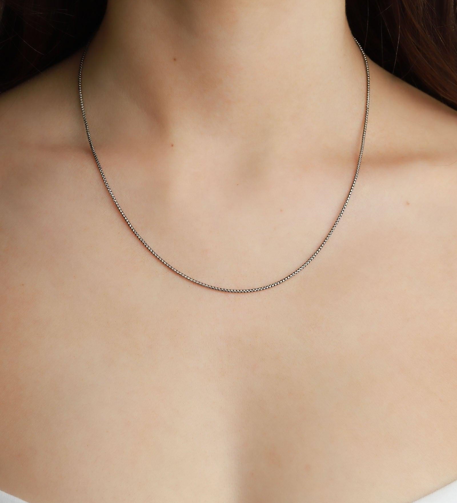 Pyrrha-Fine Round Box Chain-Necklaces-Oxidized Sterling Silver-Blue Ruby Jewellery-Vancouver Canada