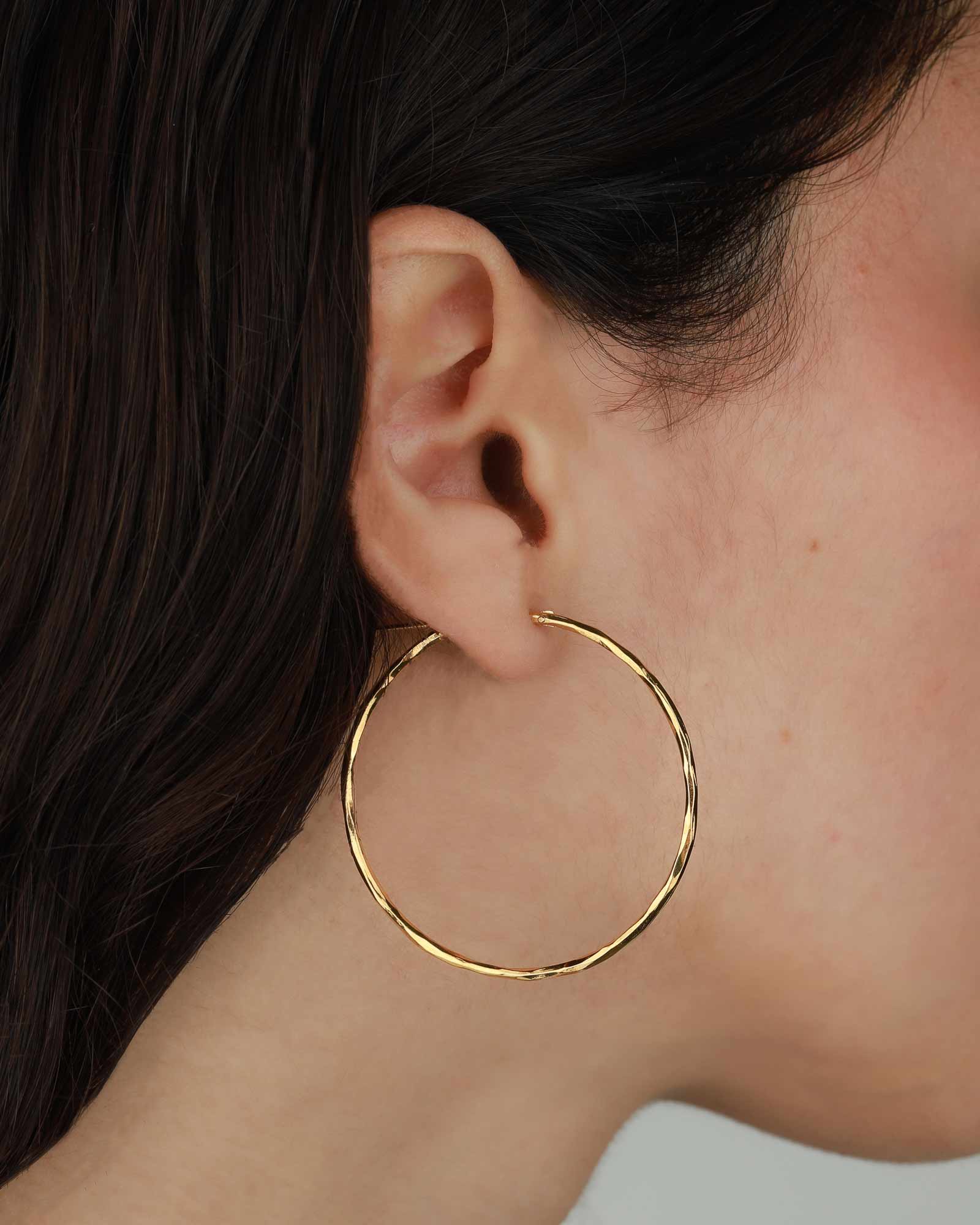 Tashi-Hammered Hoops I 45mm-Earrings-Hammered 14k Gold Vermeil-Blue Ruby Jewellery-Vancouver Canada