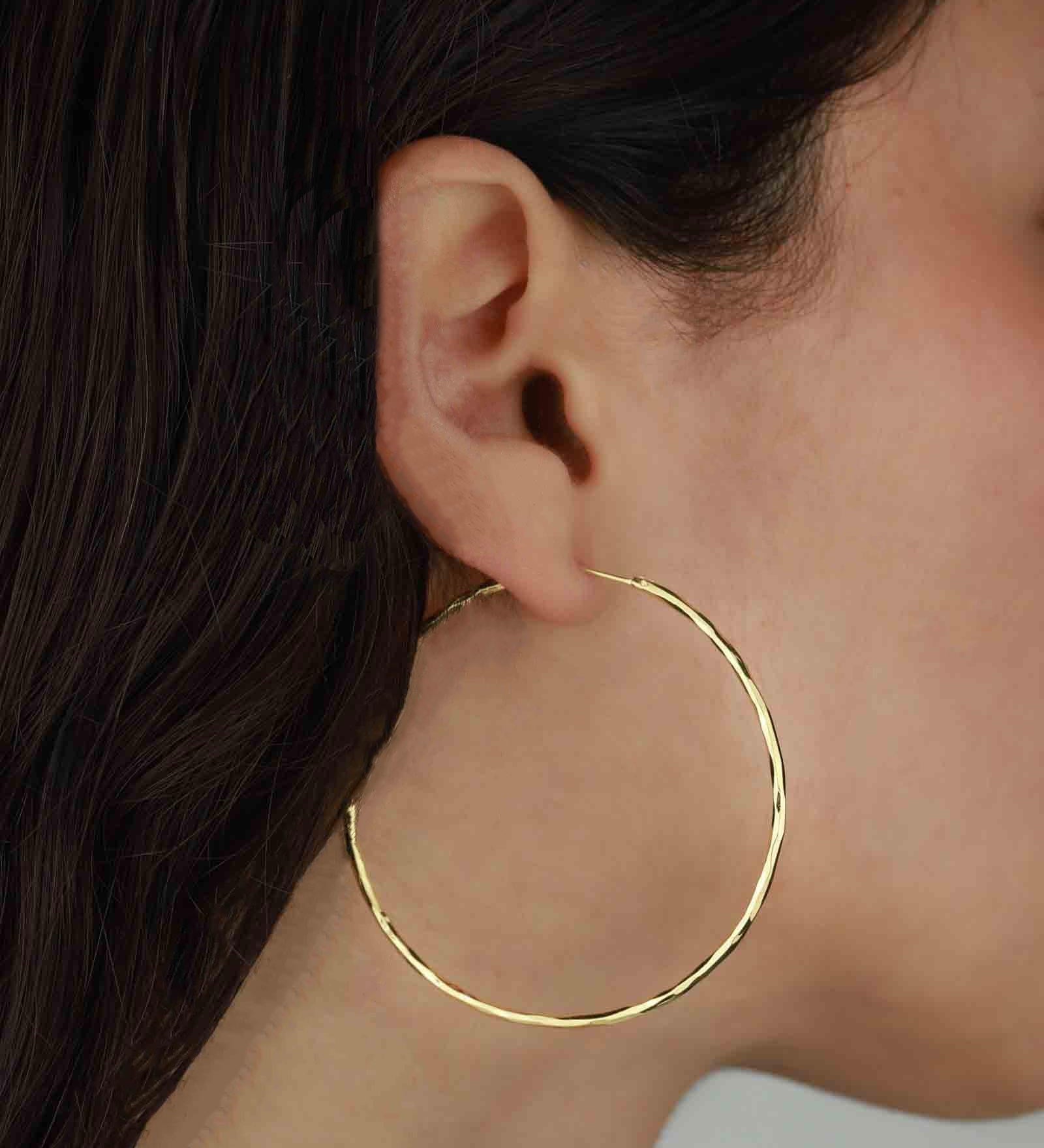 Tashi-Hammered Hoops I 55mm-Earrings-Hammered 14k Gold Vermeil-Blue Ruby Jewellery-Vancouver Canada