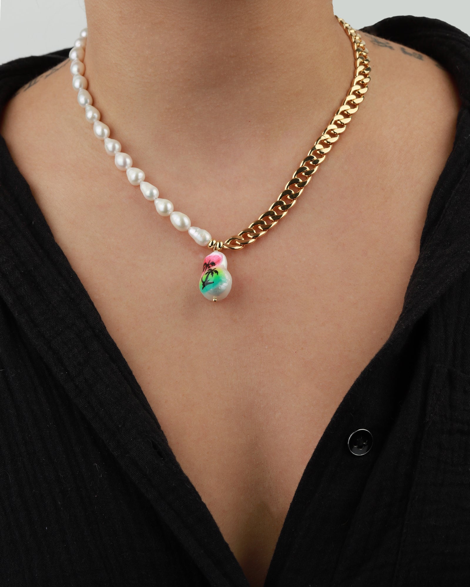 Martha Calvo-La Playa Necklace-Necklaces-14k Gold Plated, Freshwater Pearls-Blue Ruby Jewellery-Vancouver Canada