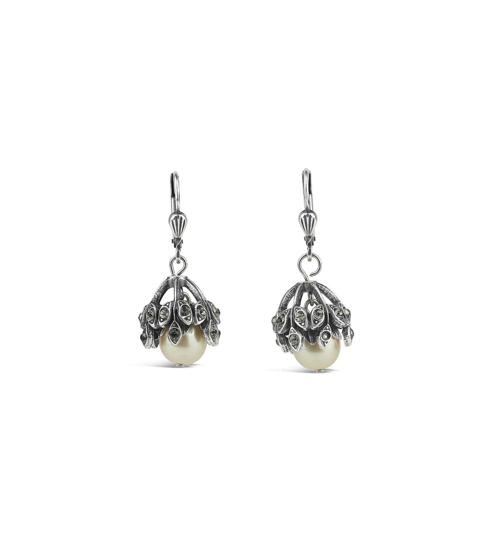 La Vie Parisienne-Leaf Cup Pearl Hooks-Earrings-Sterling Silver Plated, White Pearl, Black Diamond Crystal-Blue Ruby Jewellery-Vancouver Canada