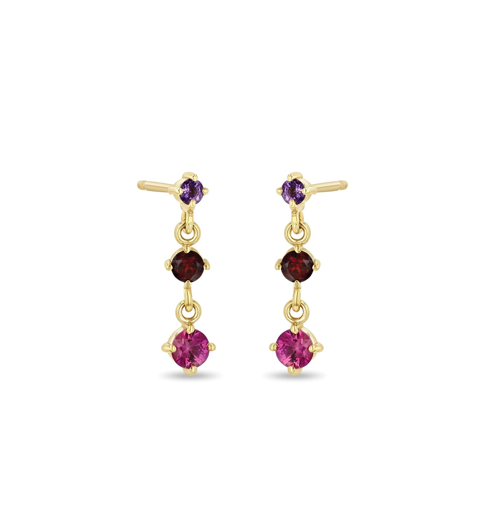 Zoe Chicco-Linked Graduated Ombre Gemstone Drop Earrings-Earrings-14k Yellow Gold-Amethyst, Garnet, Pink Sapphire-Blue Ruby Jewellery-Vancouver Canada