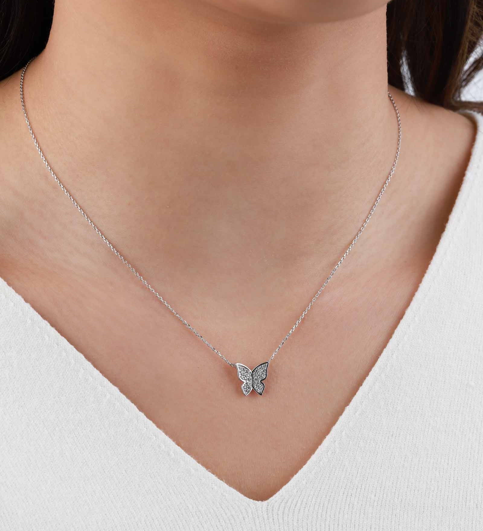 Quiet Icon-Pavé CZ Butterfly Necklace-Necklaces-Rhodium Plated Sterling Silver, Cubic Zirconia-Blue Ruby Jewellery-Vancouver Canada