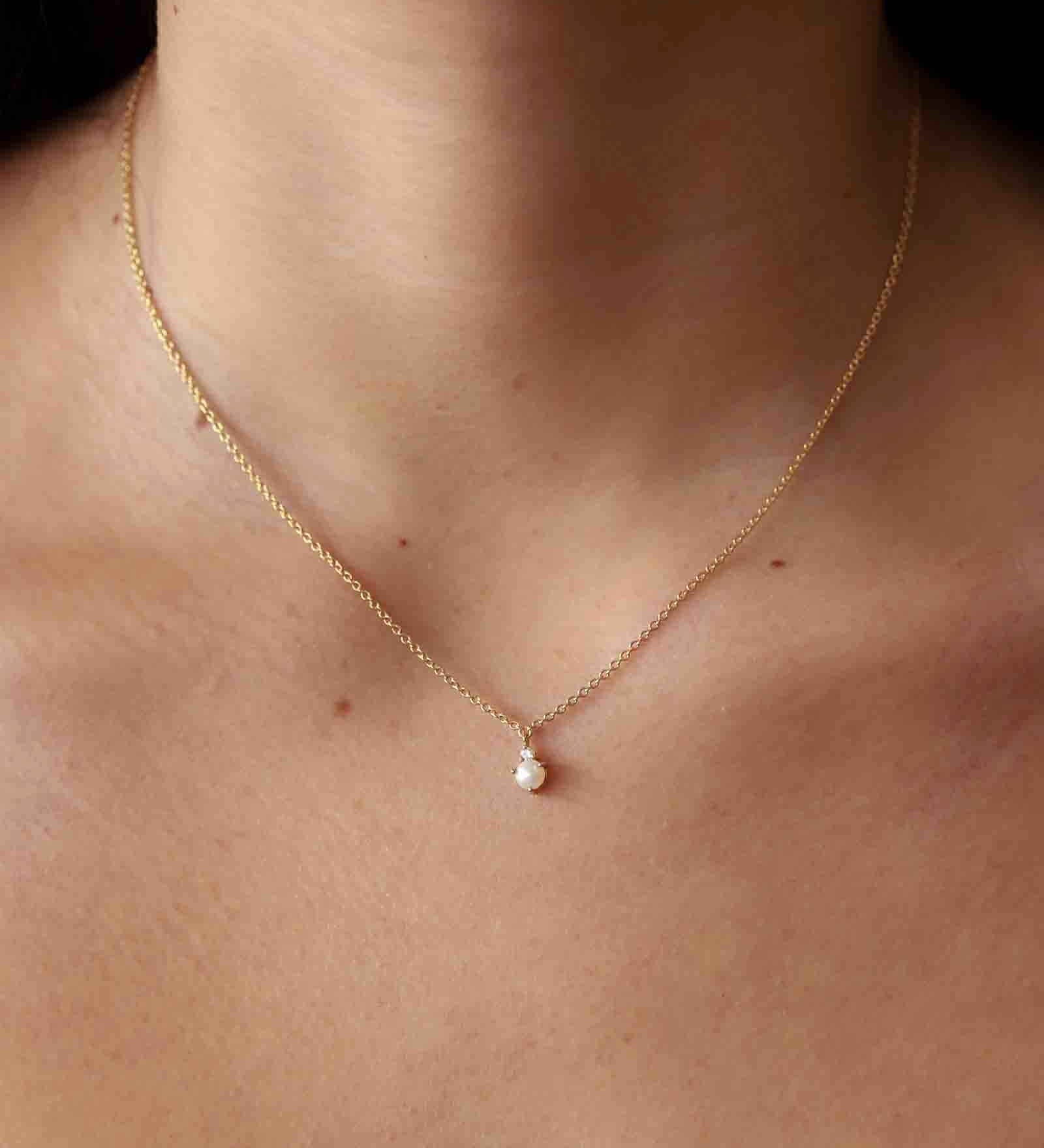 Tashi-Pearl + CZ Necklace-Necklaces-14k Gold Vermeil, Freshwater Pearl, Cubic Zirconia-Blue Ruby Jewellery-Vancouver Canada