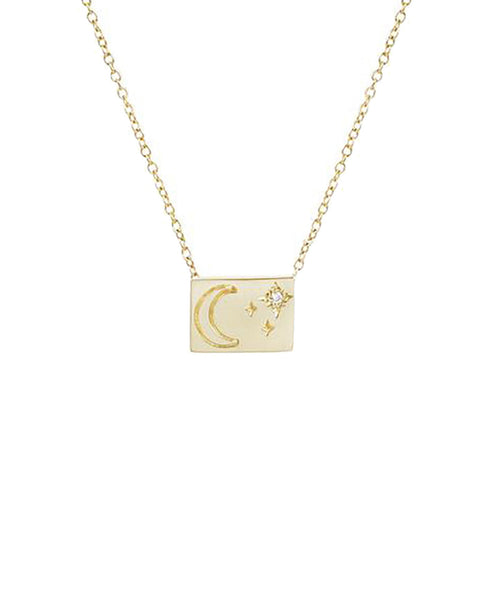 Aili Postcard Charm Necklace 14k Yellow Gold, Diamond, Moon