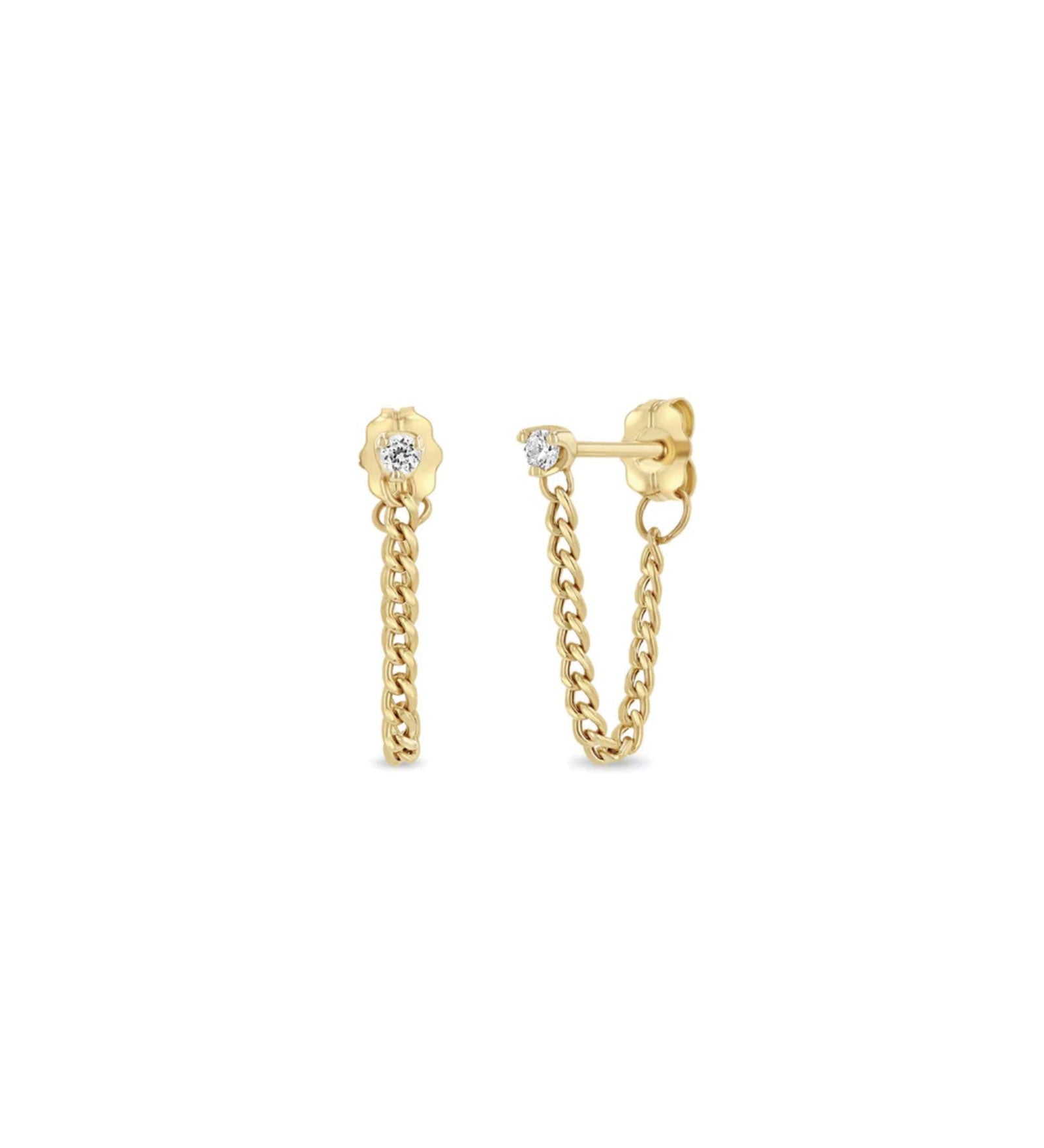 Zoe Chicco-Prong Diamond Extra Small Curb Chain Huggies-Earrings-14k Yellow Gold, Diamond-Blue Ruby Jewellery-Vancouver Canada