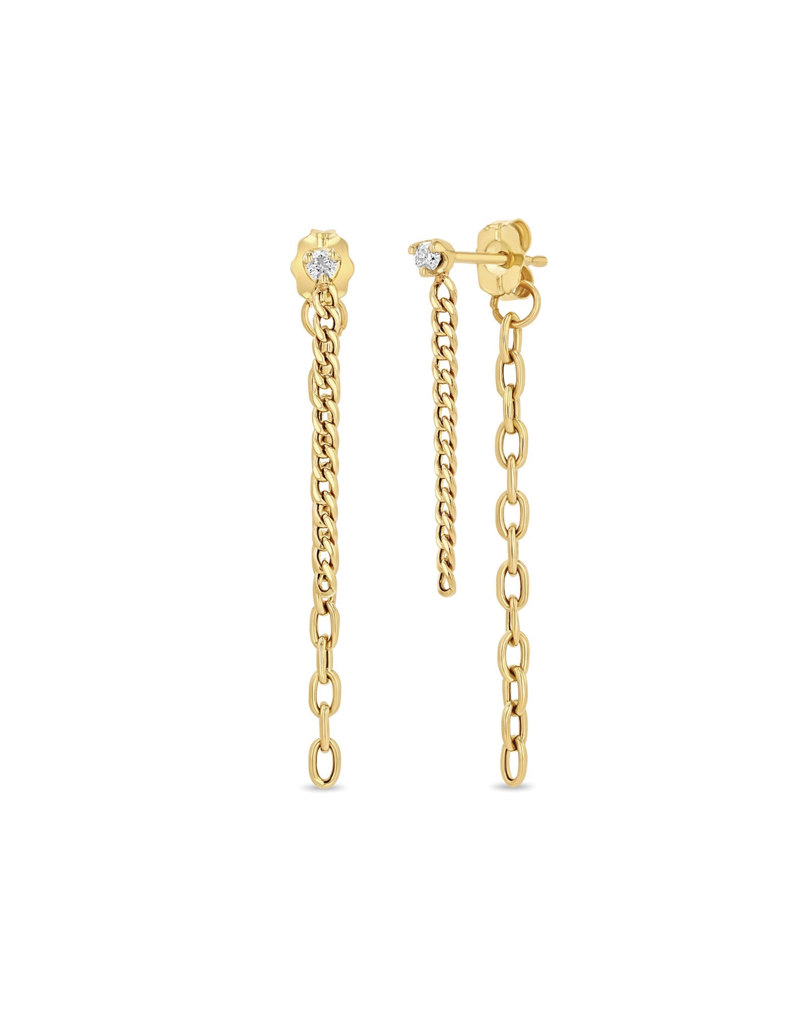 Zoe Chicco-Prong Diamond Mixed Chain Double Drop Earrings-Earrings-14k Yellow Gold, Diamond-Blue Ruby Jewellery-Vancouver Canada