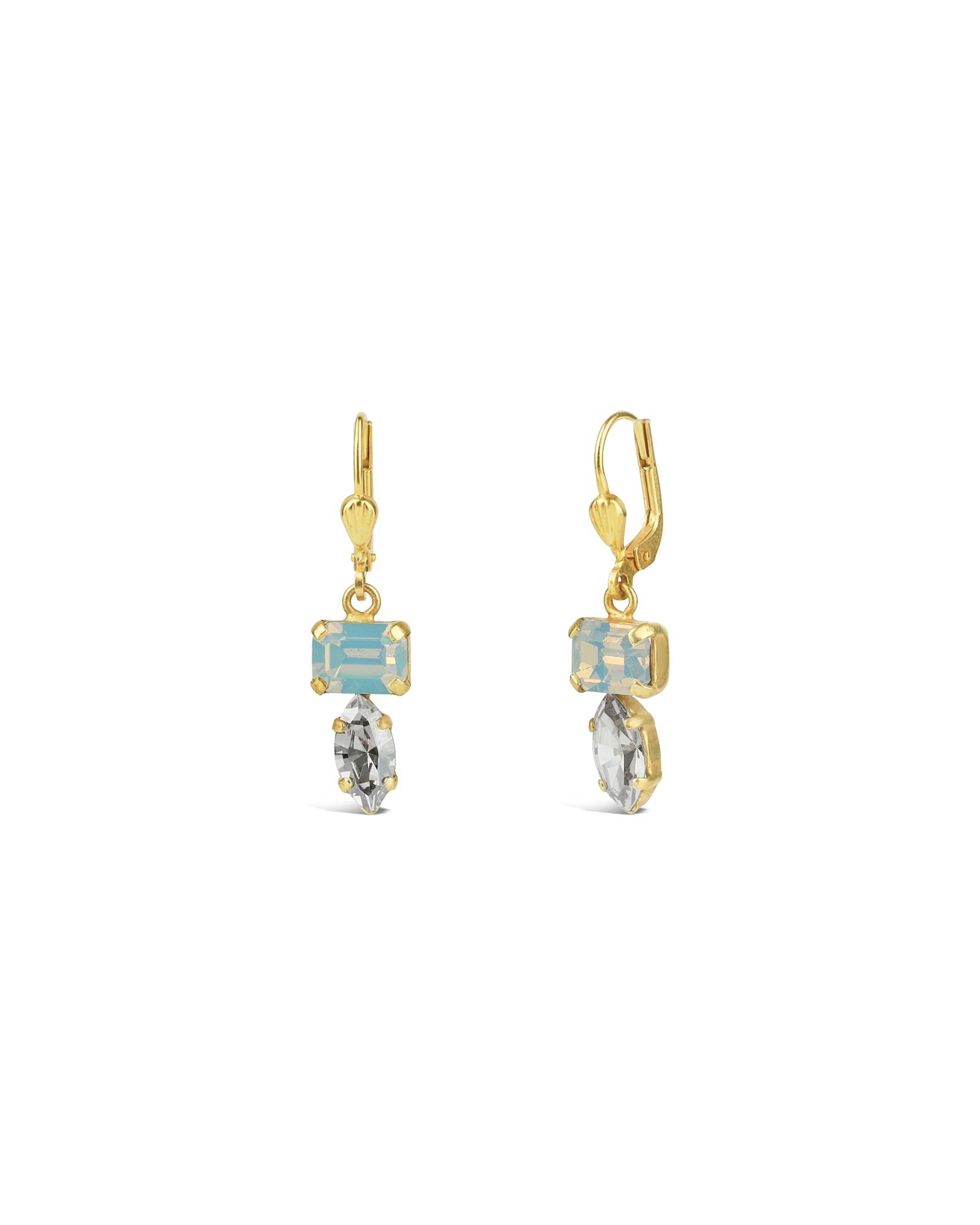 La Vie Parisienne-Rectangular Marquise Crystal Hooks-Earrings-14k Gold Plated, White Opal Crystal-Blue Ruby Jewellery-Vancouver Canada