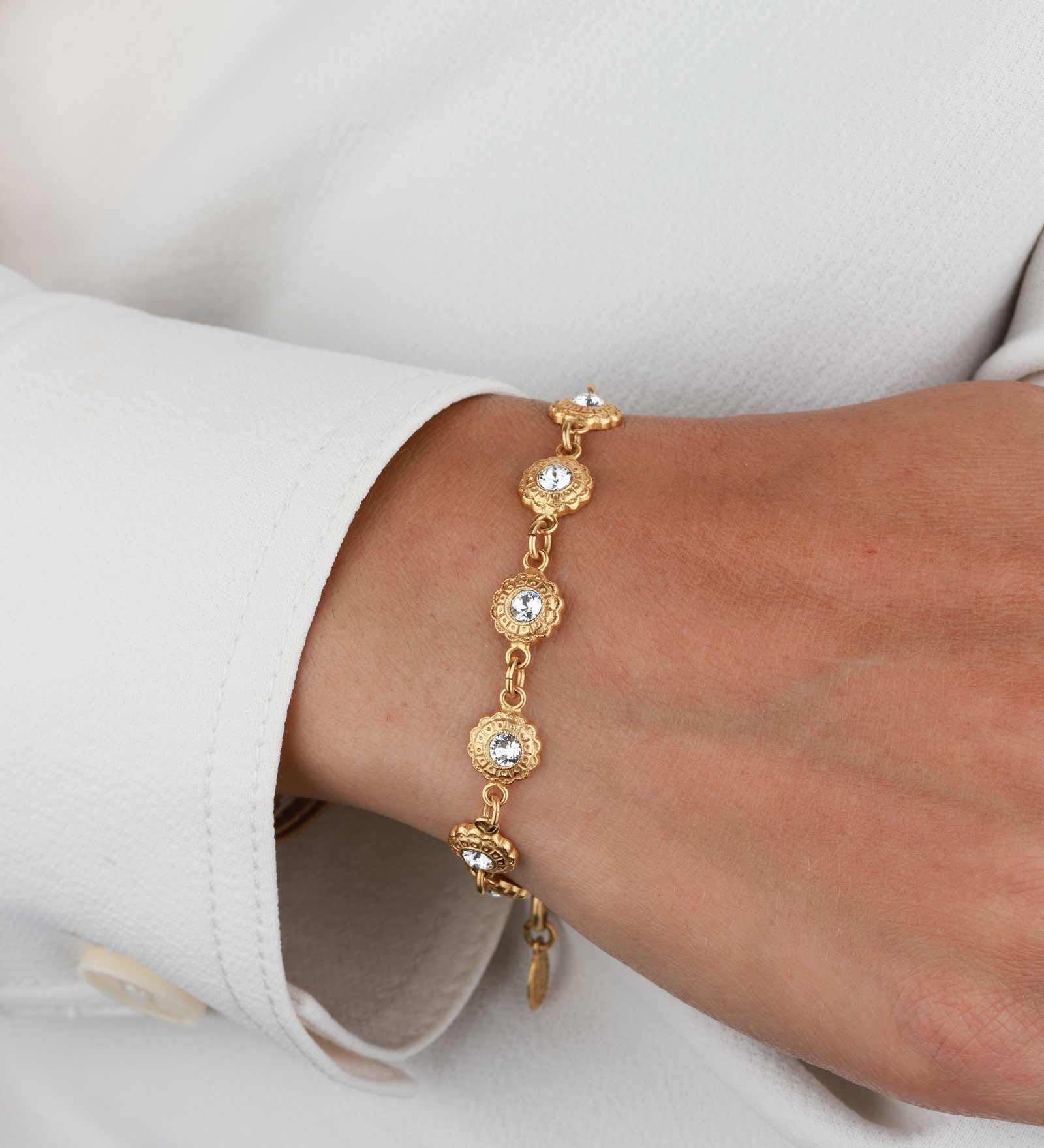 La Vie Parisienne-Round Flower Crystal Bracelet-Bracelets-14k Gold Plated, White Crystal-Blue Ruby Jewellery-Vancouver Canada