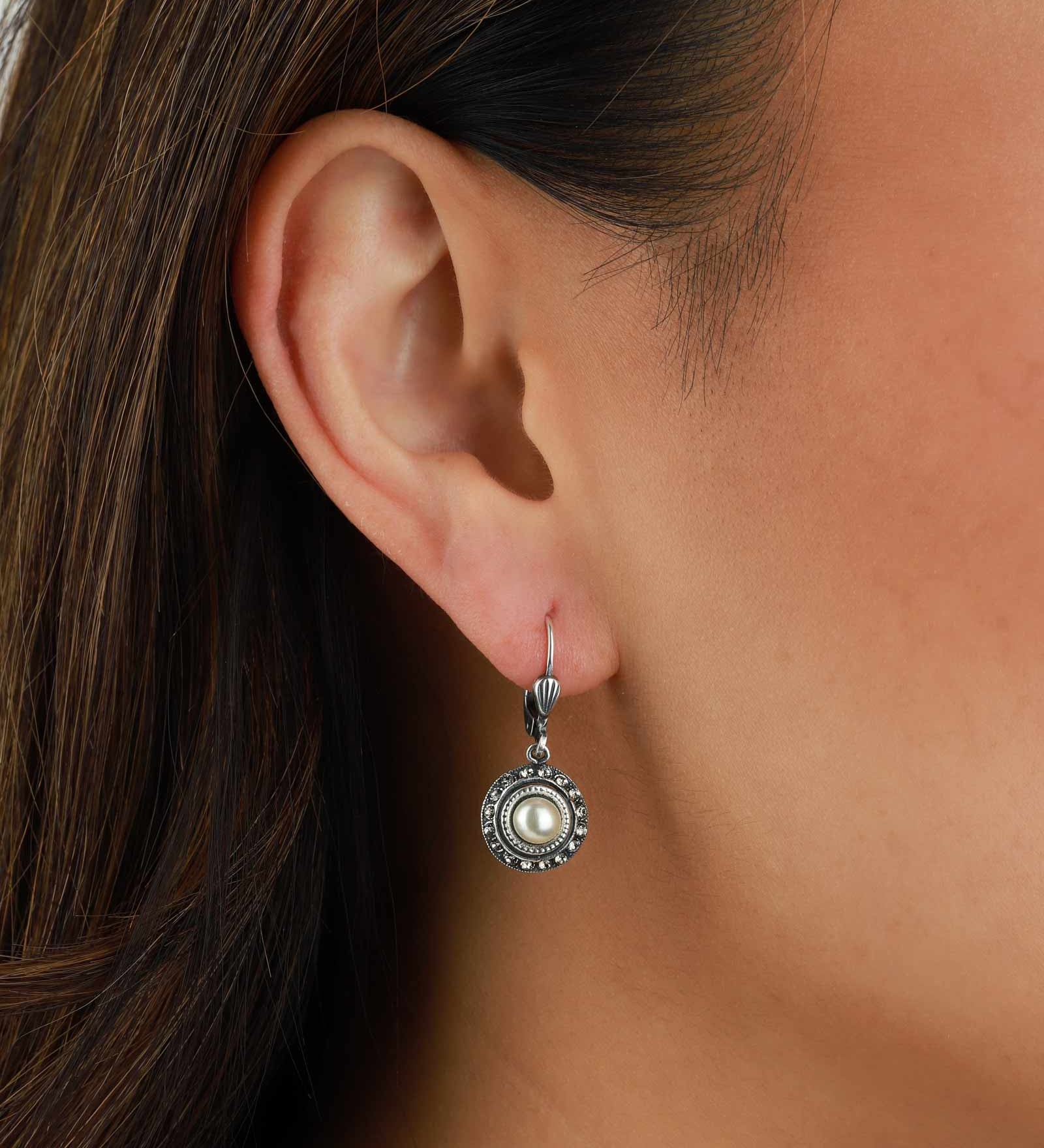 La Vie Parisienne-Round Halo Crystal Hooks-Earrings-Sterling Silver Plated, White Pearl, Black Diamond Crystal-Blue Ruby Jewellery-Vancouver Canada