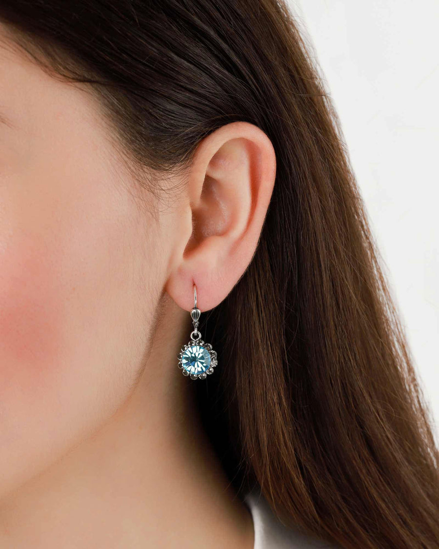 La Vie Parisienne-Round Halo Pave Hooks | 12mm-Earrings-Sterling Silver, Aquamarine Crystal-Blue Ruby Jewellery-Vancouver Canada