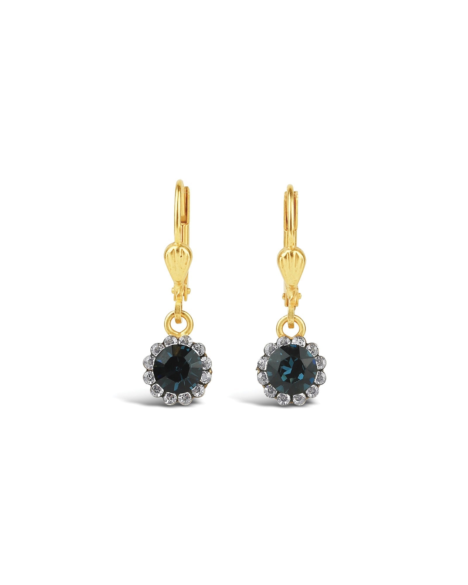 La Vie Parisienne-Round Halo Pave Hooks | 7mm-Earrings-14k Gold Plated, Midnite Crystal-Blue Ruby Jewellery-Vancouver Canada