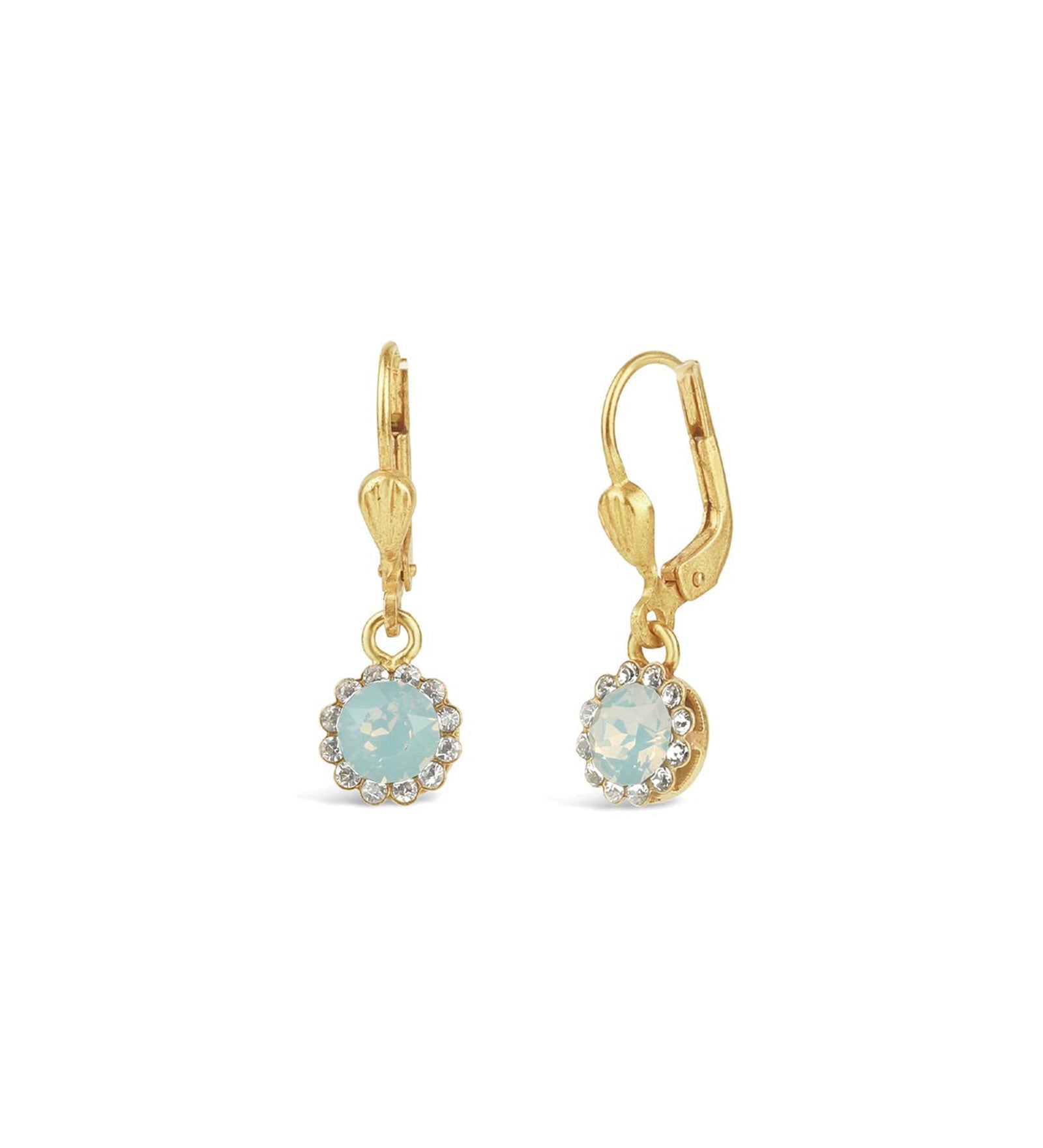 La Vie Parisienne-Round Halo Pave Hooks | 7mm-Earrings-14k Gold Plated, White Opal Crystal-Blue Ruby Jewellery-Vancouver Canada