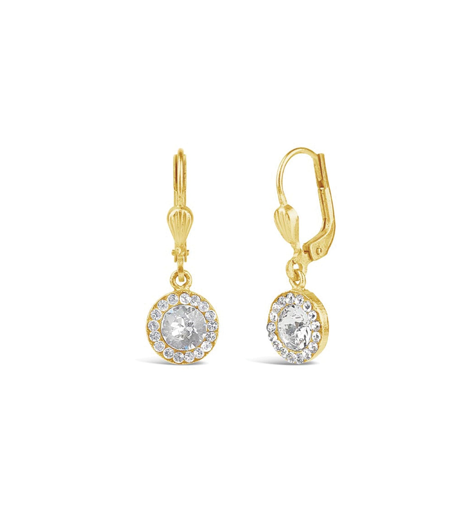 La Vie Parisienne-Round Halo Pave Hooks | 9mm-Earrings-14k Gold Plated, White Crystal-Blue Ruby Jewellery-Vancouver Canada