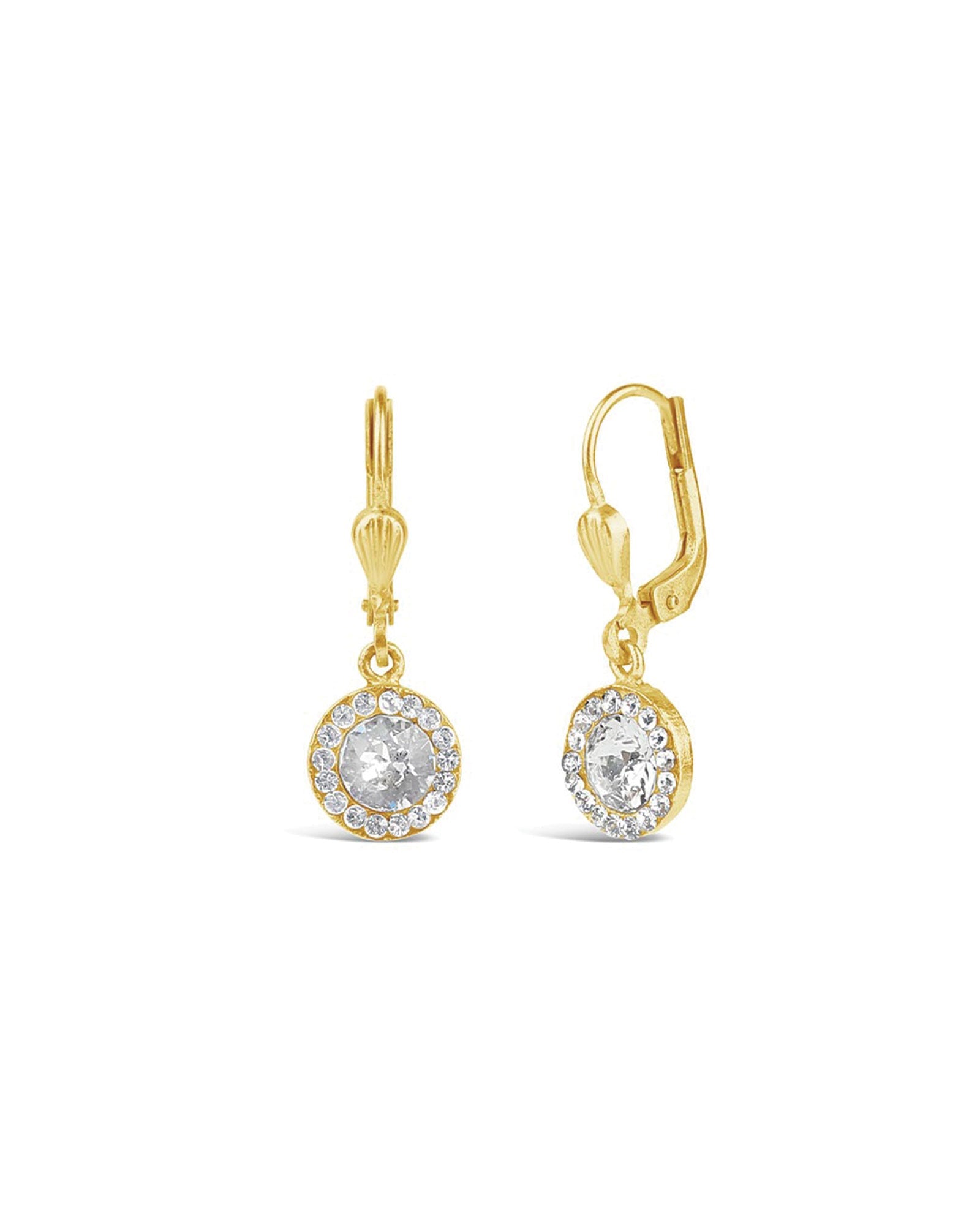 La Vie Parisienne-Round Halo Pave Hooks | 9mm-Earrings-14k Gold Plated, White Crystal-Blue Ruby Jewellery-Vancouver Canada