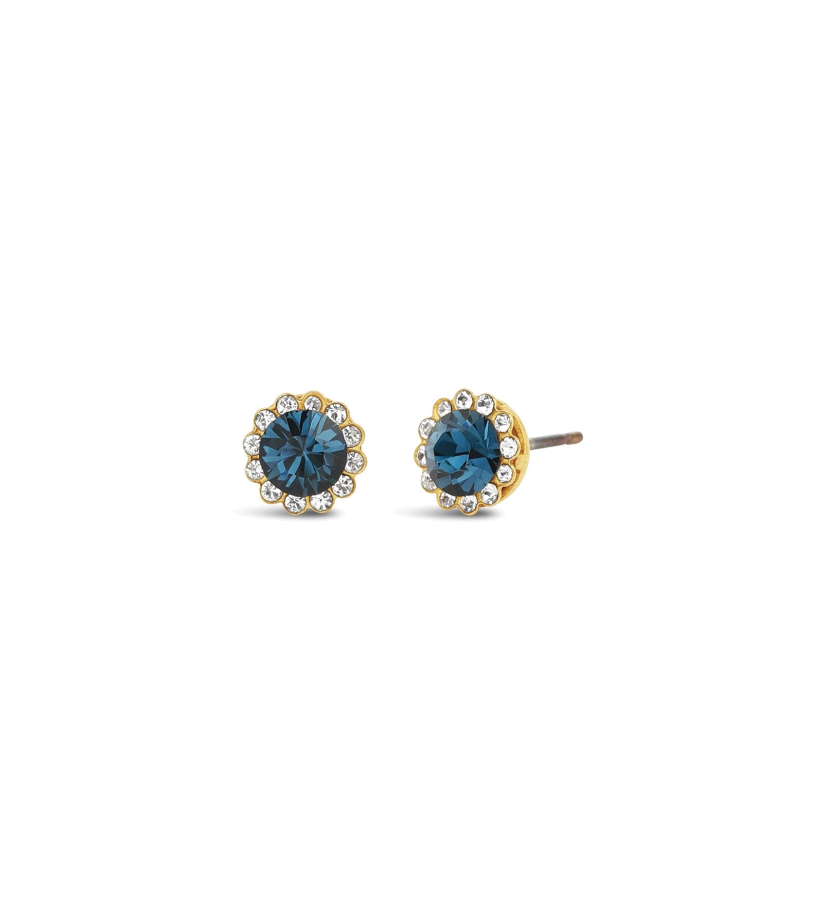 La Vie Parisienne-Round Halo Pave Stud | 7mm-Earrings-14k Gold Plated, Midnite Crystal-Blue Ruby Jewellery-Vancouver Canada