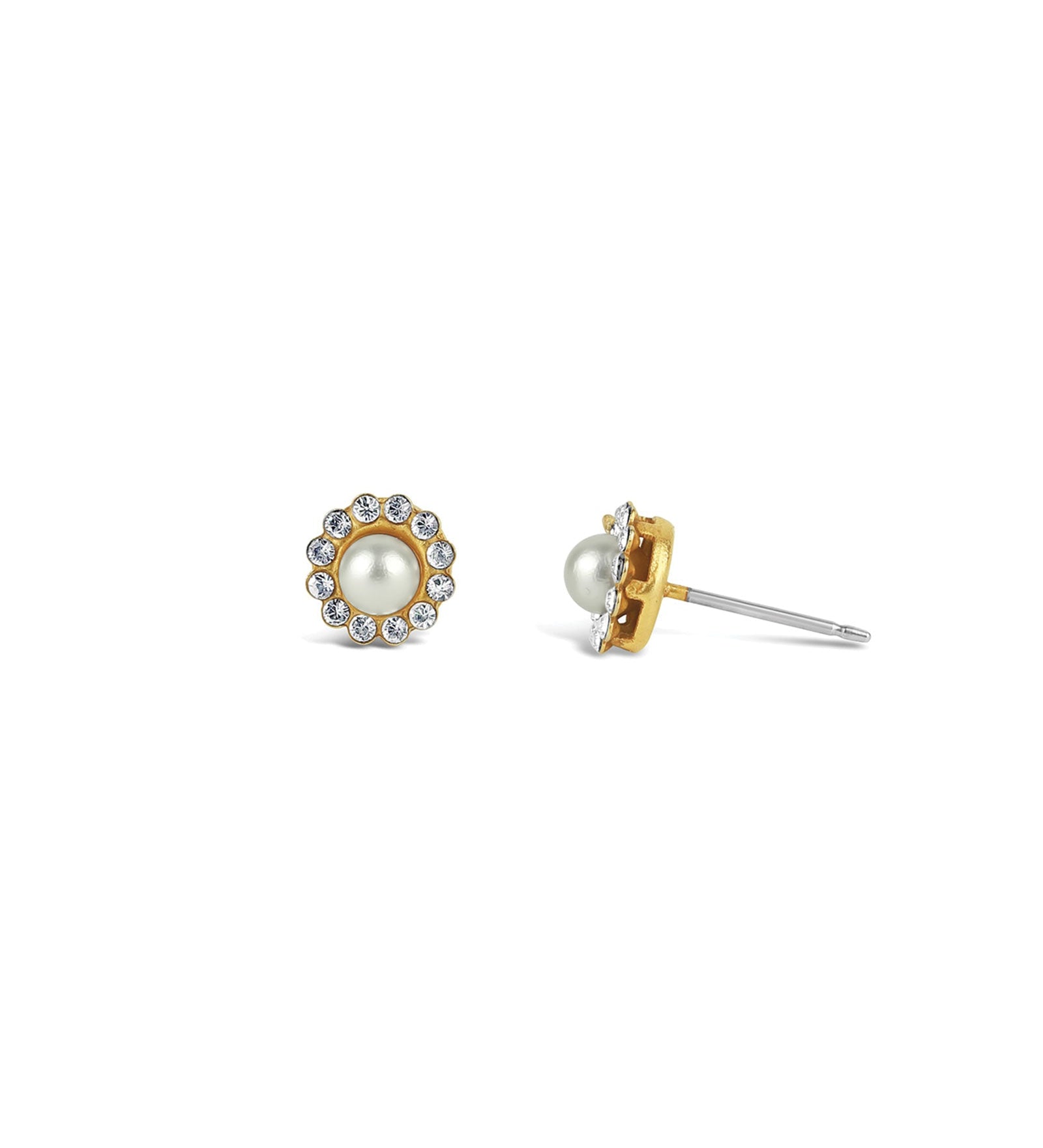 La Vie Parisienne-Round Halo Pave Stud | 7mm-Earrings-14k Gold Plated, White Pearl, White Crystal-Blue Ruby Jewellery-Vancouver Canada