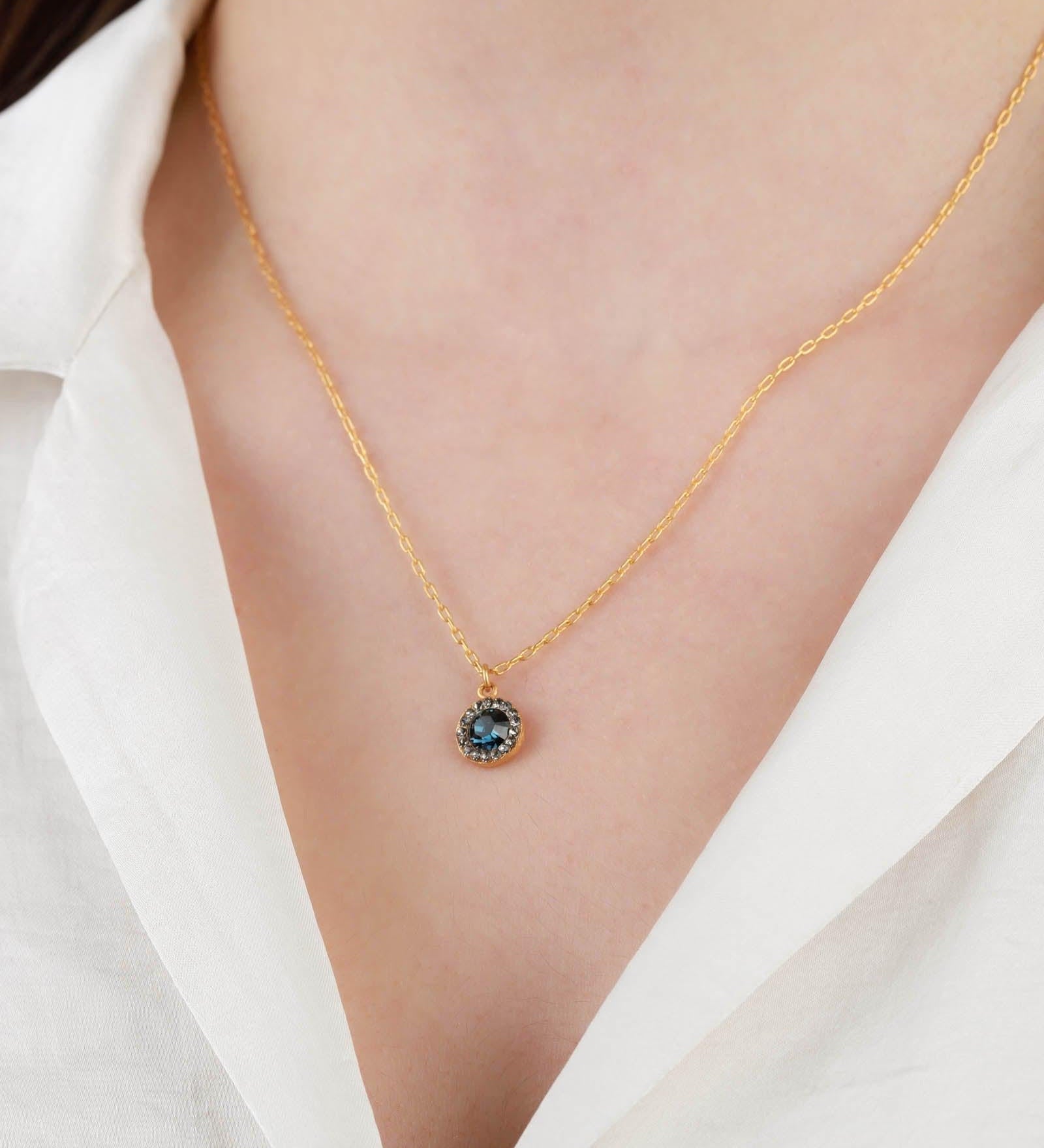 La Vie Parisienne-Round Pave Halo Necklace-Necklaces-14k Gold Plated, Blue Crystal-Blue Ruby Jewellery-Vancouver Canada