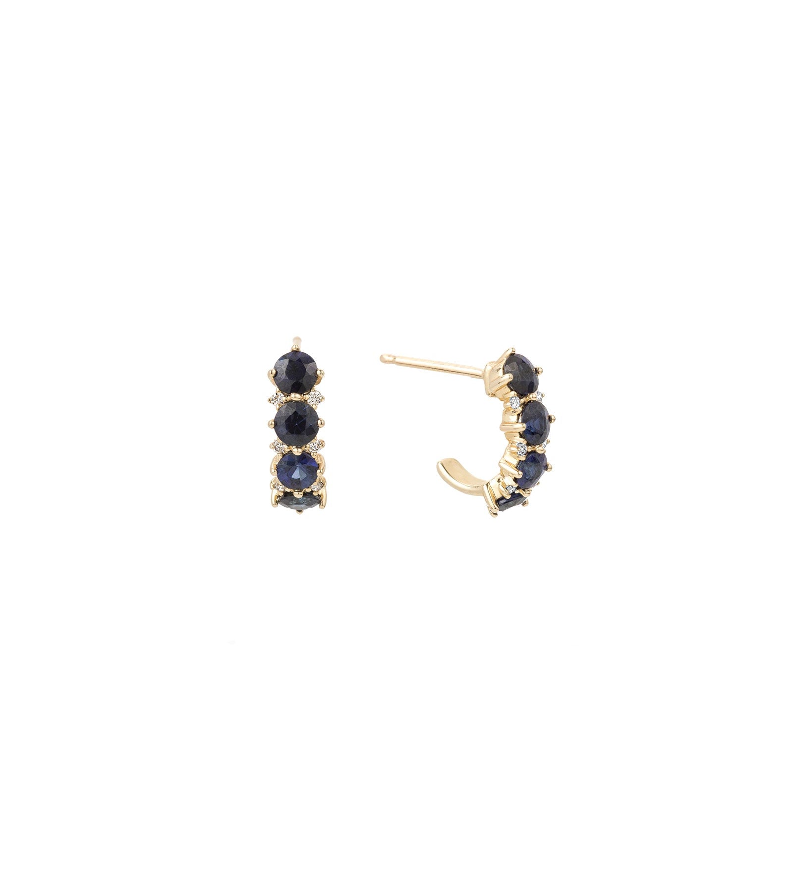 Adina Reyter-Sapphire + Diamond Rounds J Hoops-Earrings-14k Yellow Gold, Diamond-Blue Ruby Jewellery-Vancouver Canada