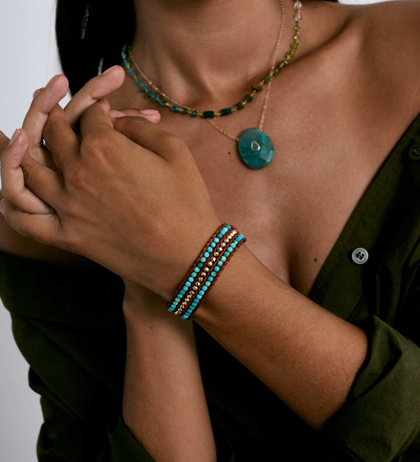 Chan Luu-Sedona Single Wrap Bracelet-Bracelets-18k Gold Vermeil, Turquoise / Dark Brown Leather-Blue Ruby Jewellery-Vancouver Canada